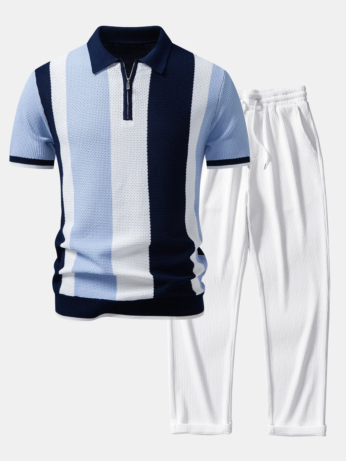 Color Block Textured Zipper Knit Polo & Straight Leg Ribbed Pants - Image 2
