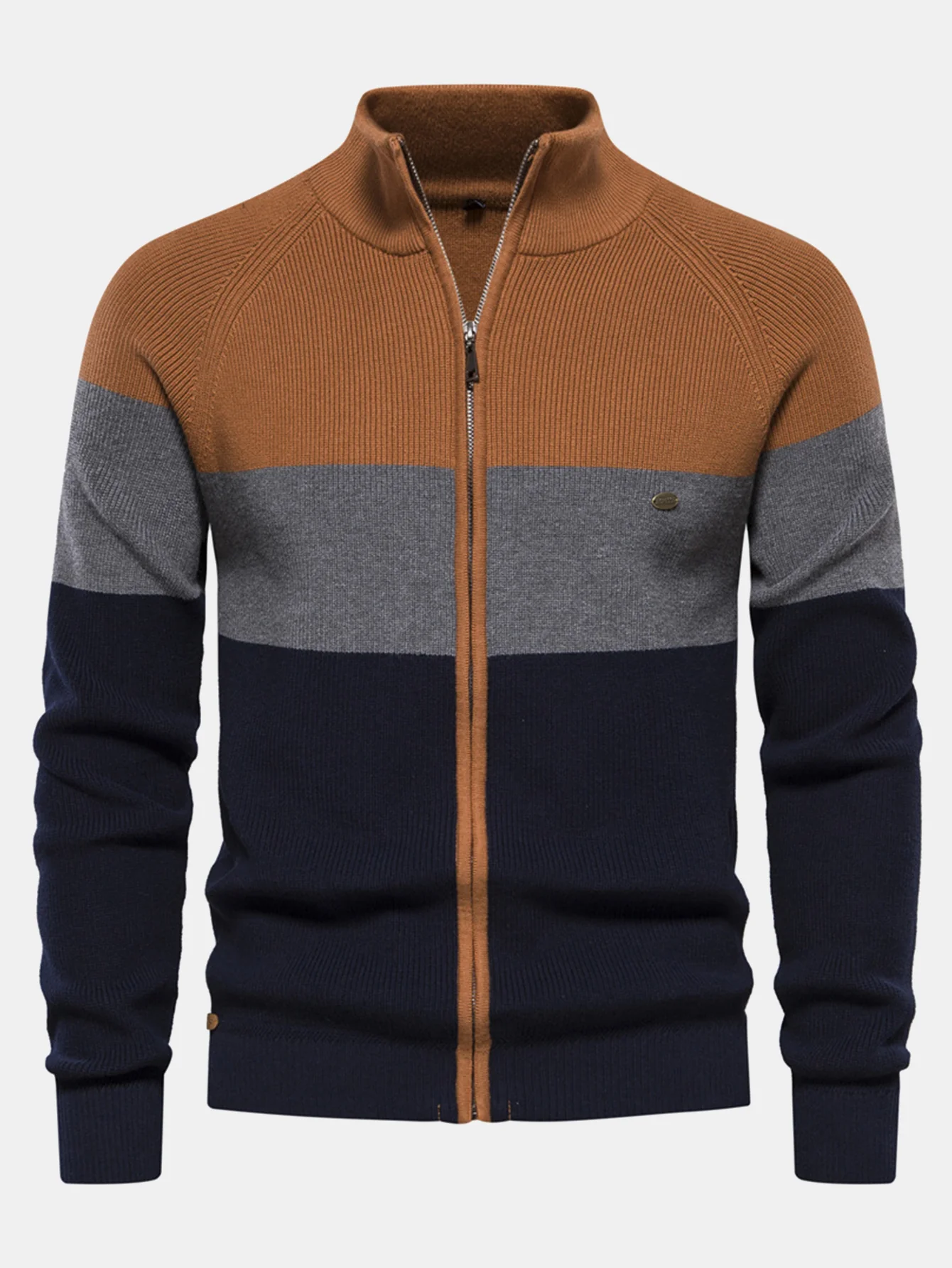 Farbblock Reißverschluss Stehkragen Pullover - Image 2