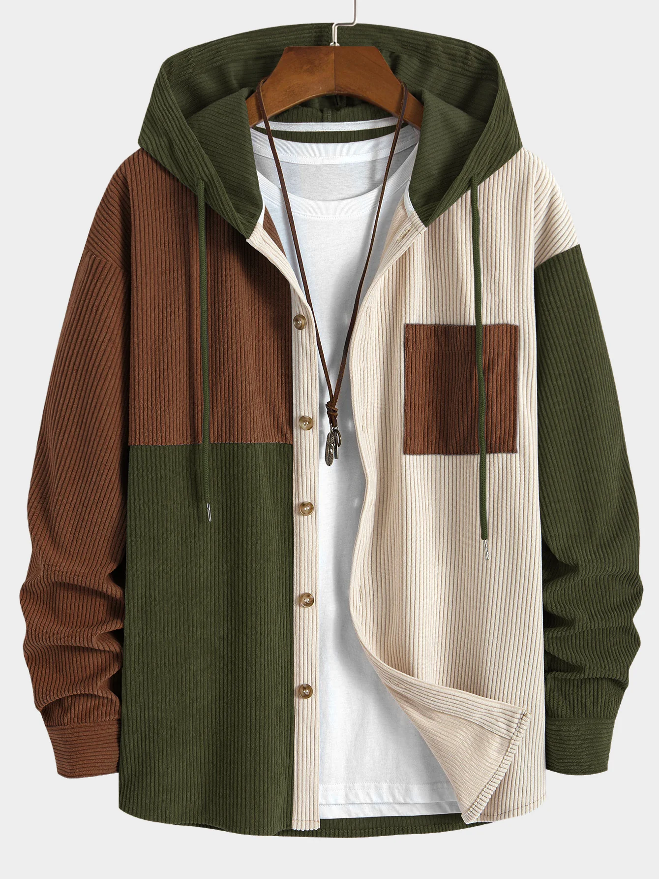 Entspannt geschnittenes Colorblock-Corduroy-Hemd mit Kapuze - Image 3
