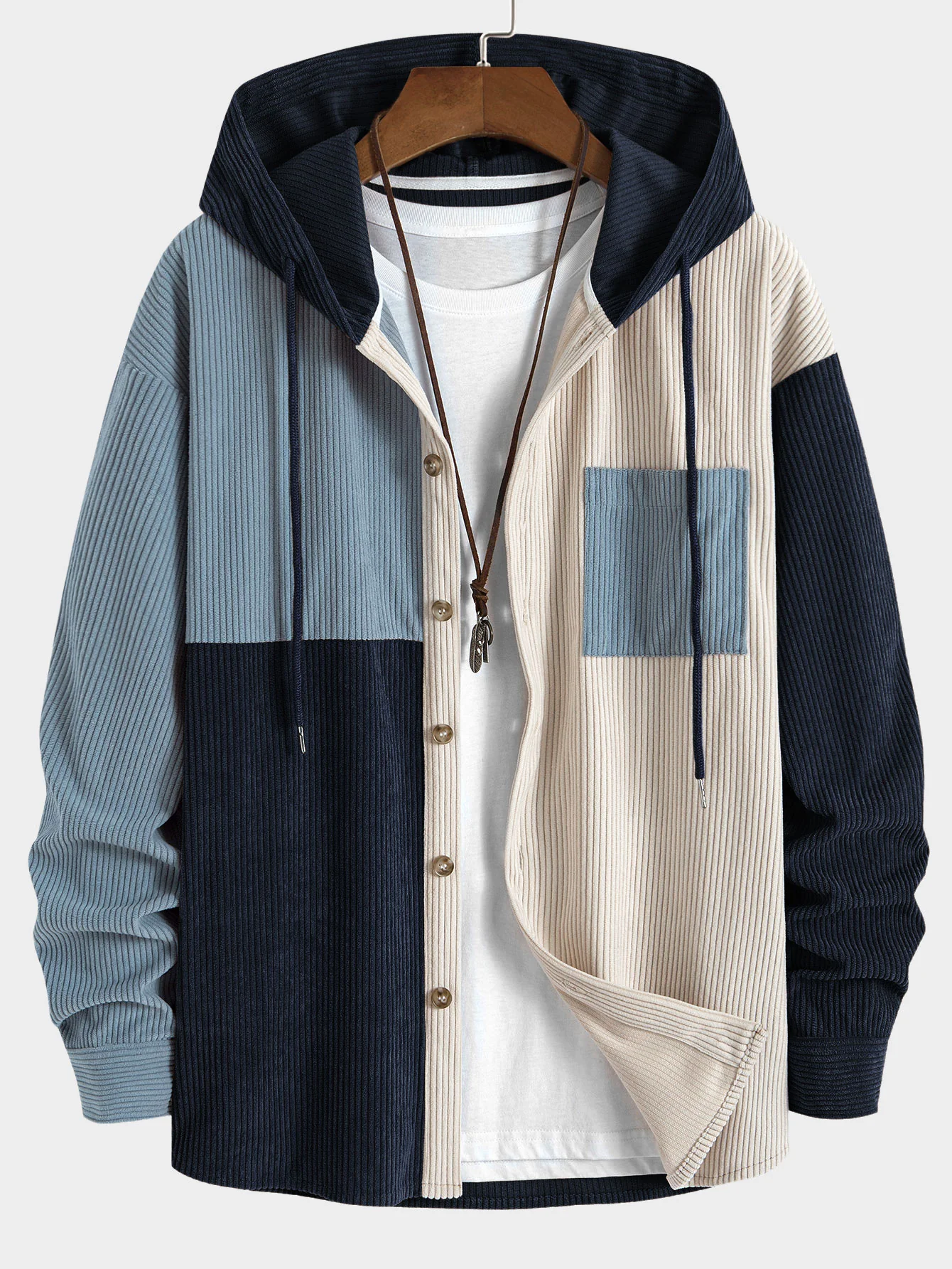 Entspannt geschnittenes Colorblock-Corduroy-Hemd mit Kapuze - Image 5