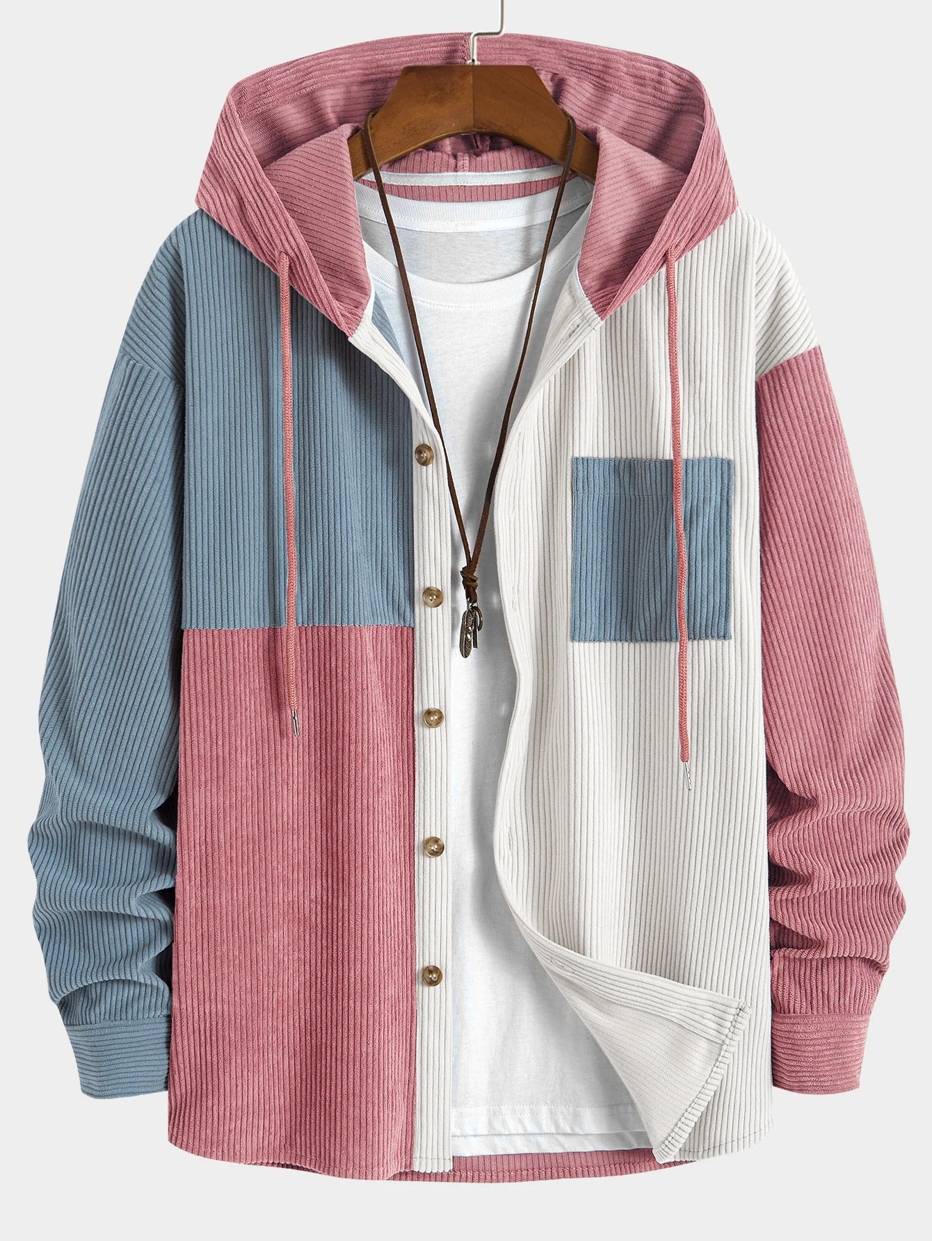 Entspannt geschnittenes Colorblock-Corduroy-Hemd mit Kapuze - Image 7