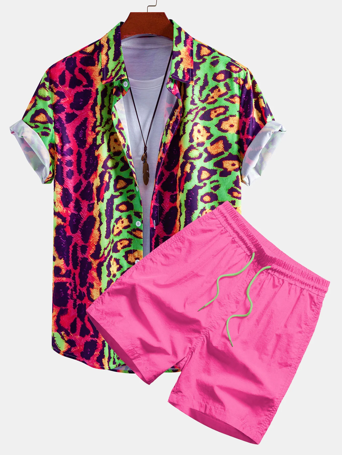 Colorful Leopard Print Button Up Shirt & Swim Shorts