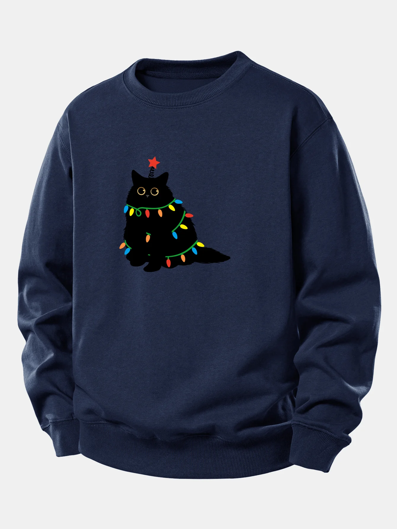 Buntes Licht Schwarze Katze Druck Locker Sitzendes Sweatshirt - Image 10