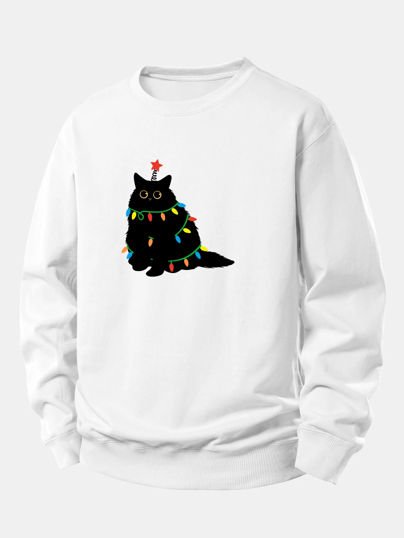 Buntes Licht Schwarze Katze Druck Locker Sitzendes Sweatshirt - Image 5