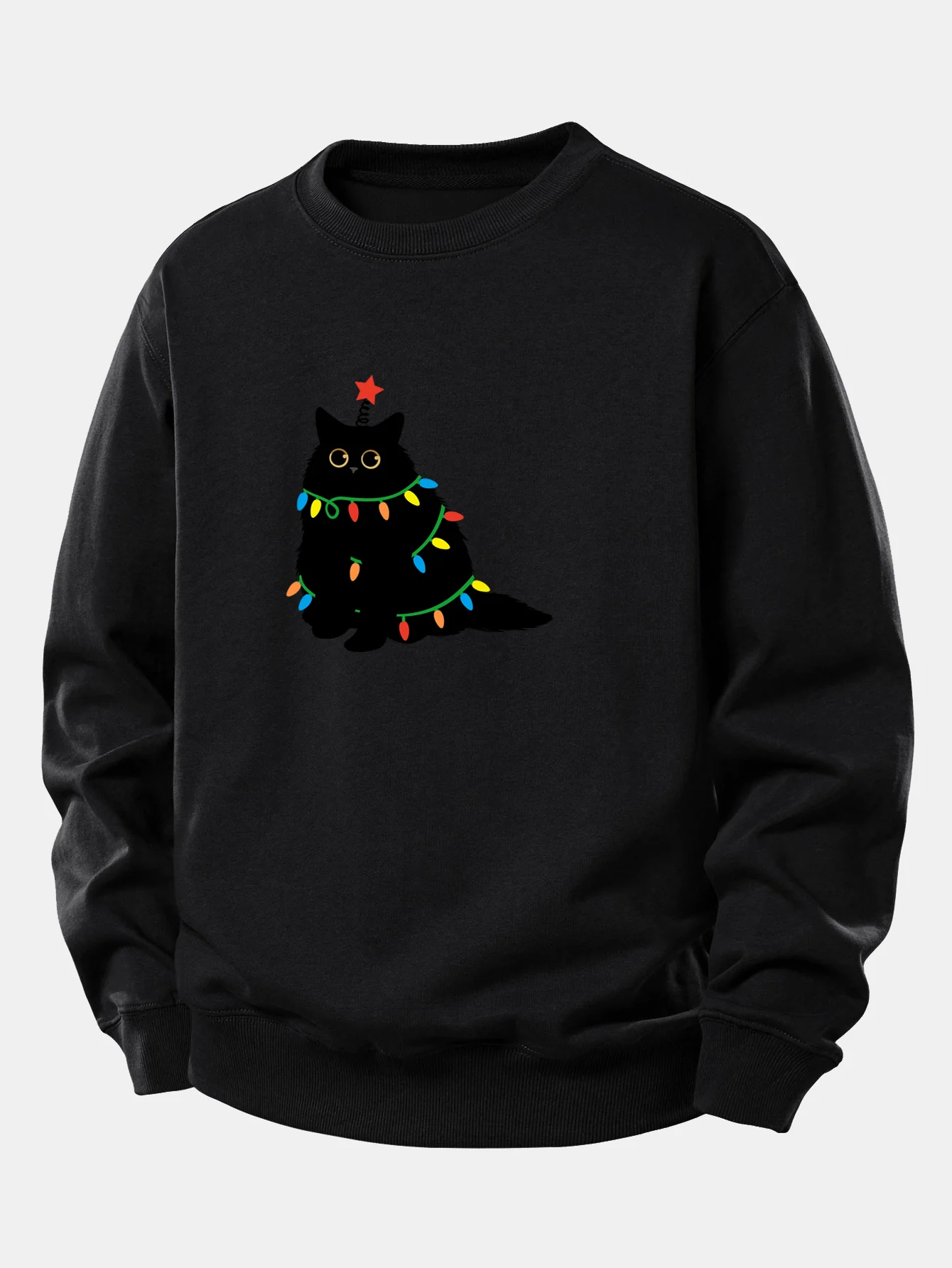 Buntes Licht Schwarze Katze Druck Locker Sitzendes Sweatshirt - Image 6