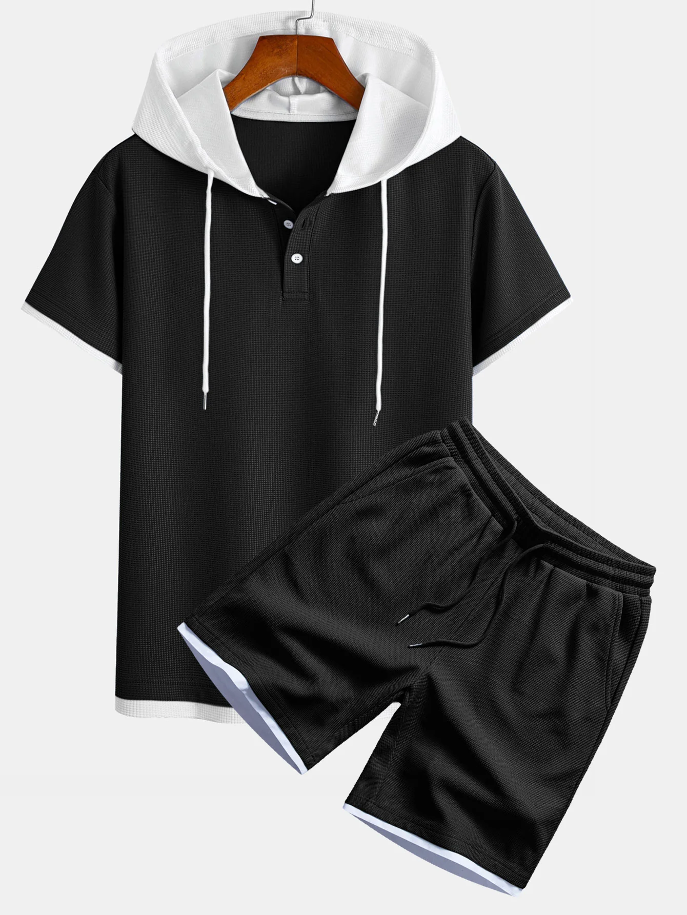 Contrast Button-Placket Waffle Hooded T-Shirt & 2 In 1 Waffle 7″‌ Shorts - Image 2