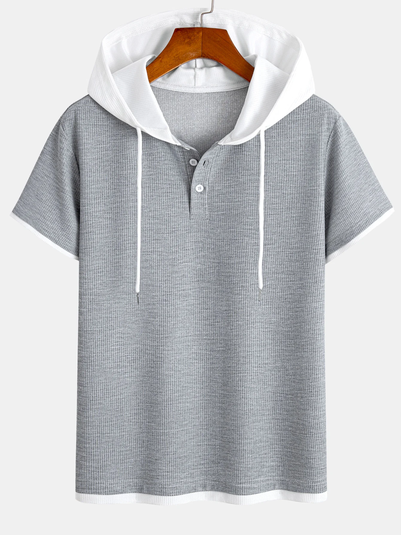 Contrast Button-Placket Waffle Hooded T-Shirt & 2 In 1 Waffle 7″‌ Shorts - Image 3