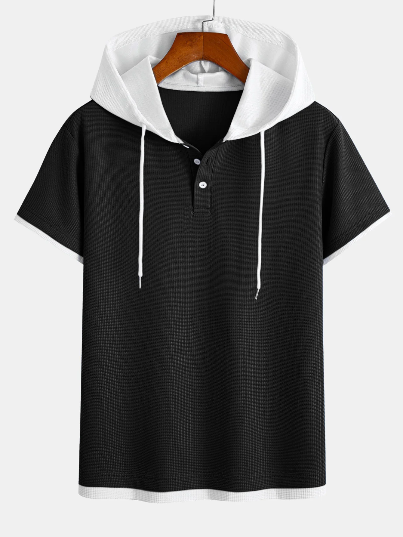 Contrast Button-Placket Waffle Hooded T-Shirt & 2 In 1 Waffle 7″‌ Shorts - Image 5