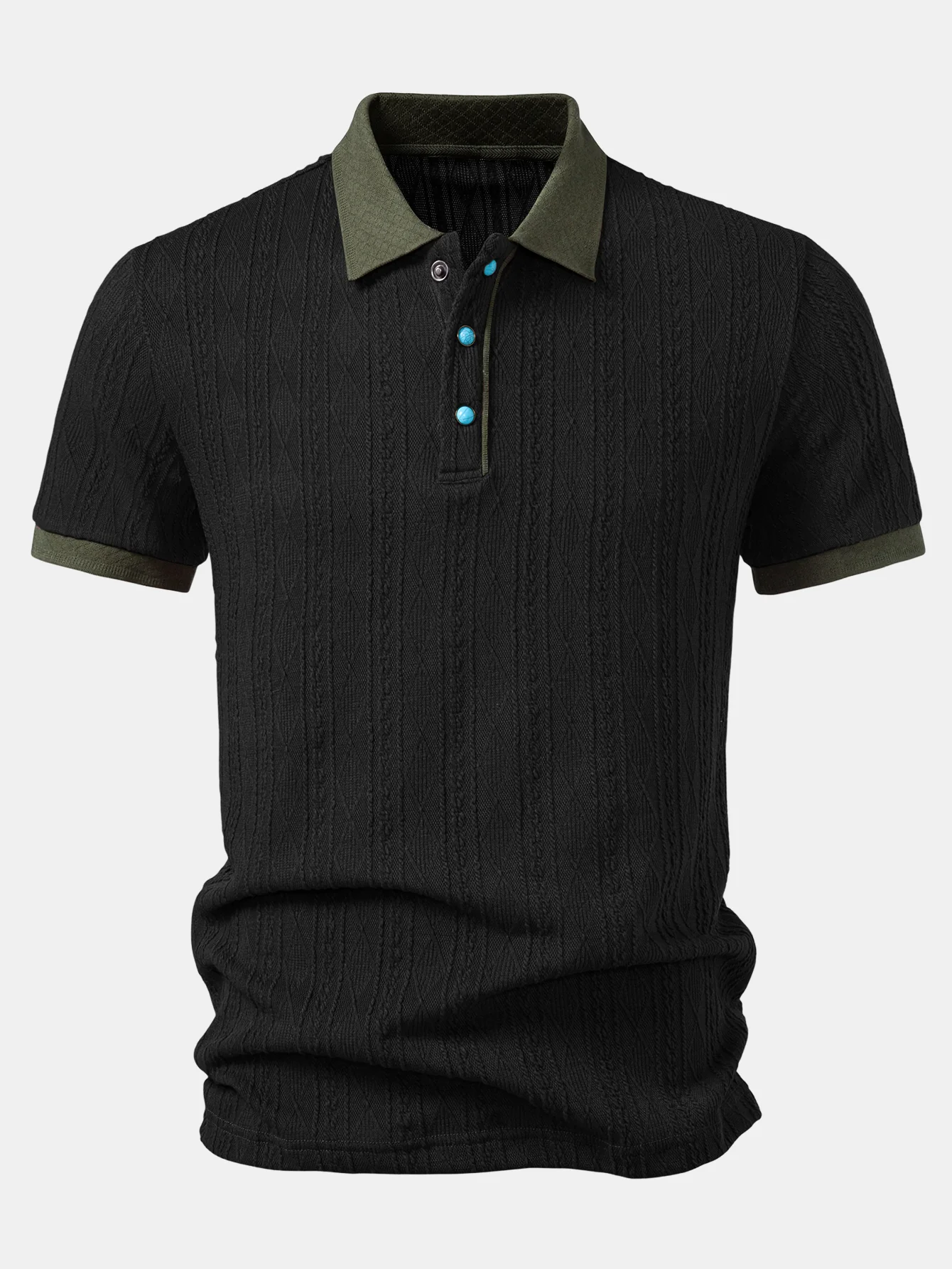 Contrast Collar Geometric Jacquard Knit Polo - Image 3