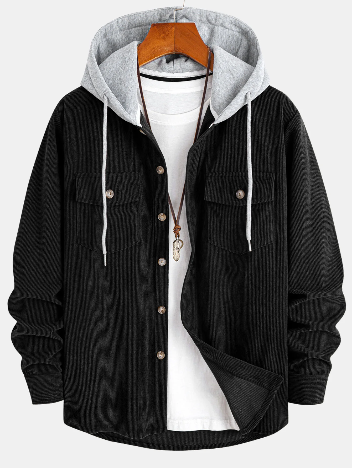 Contrast Corduroy Hooded Overshirt With Pockets - Image 3