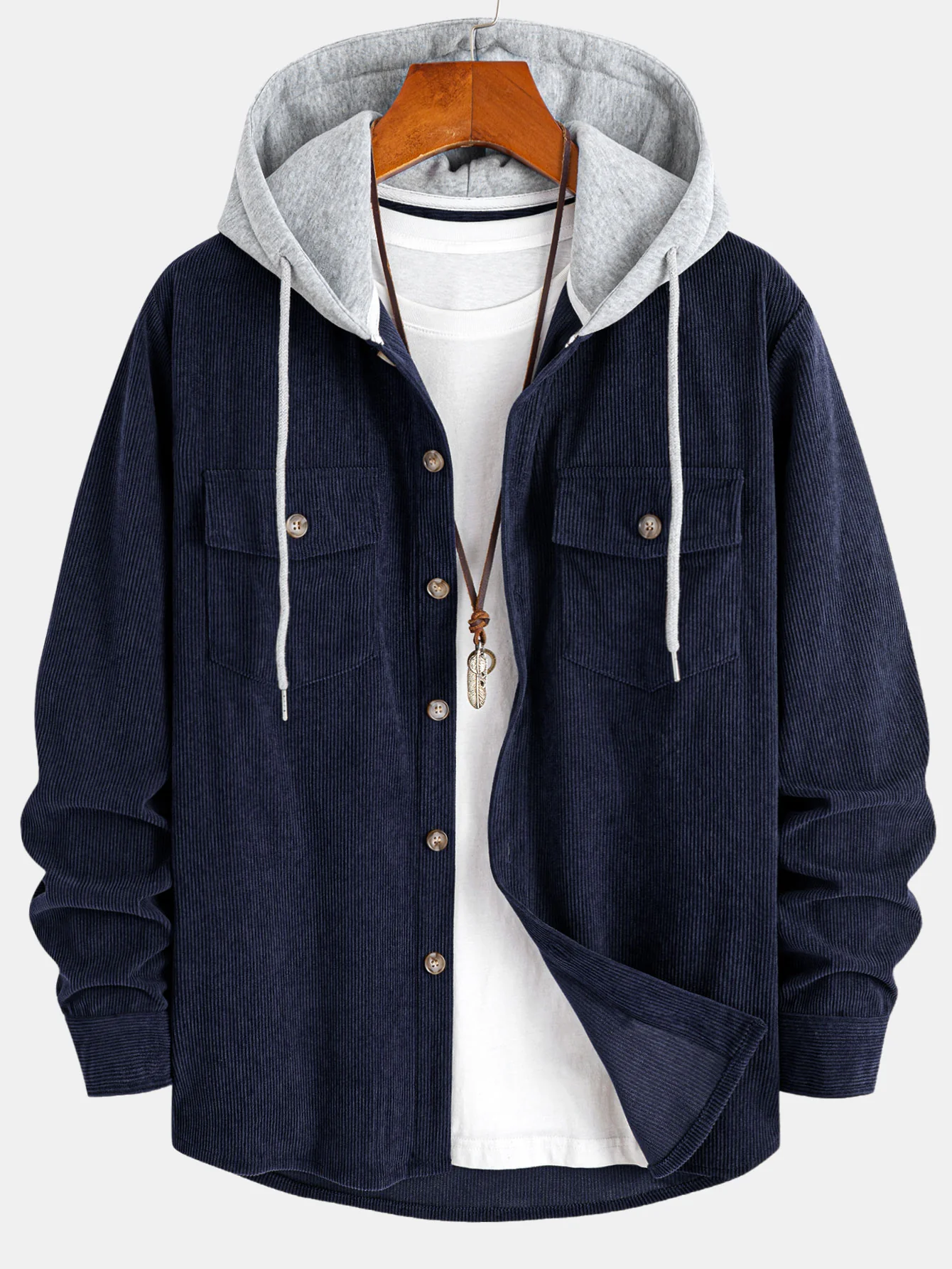 Contrast Corduroy Hooded Overshirt With Pockets - Image 5