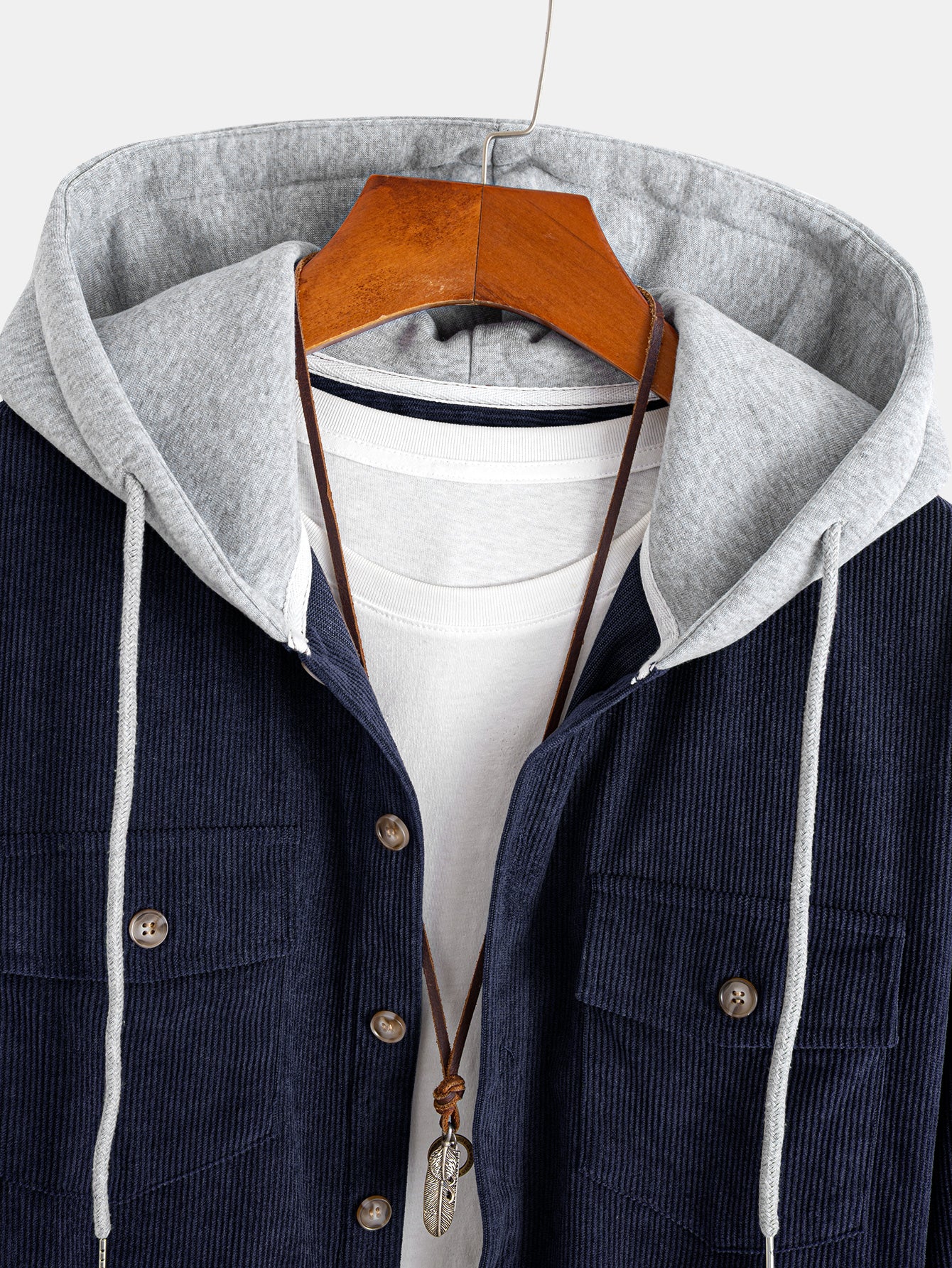 Contrast Corduroy Hooded Overshirt With Pockets - Image 7