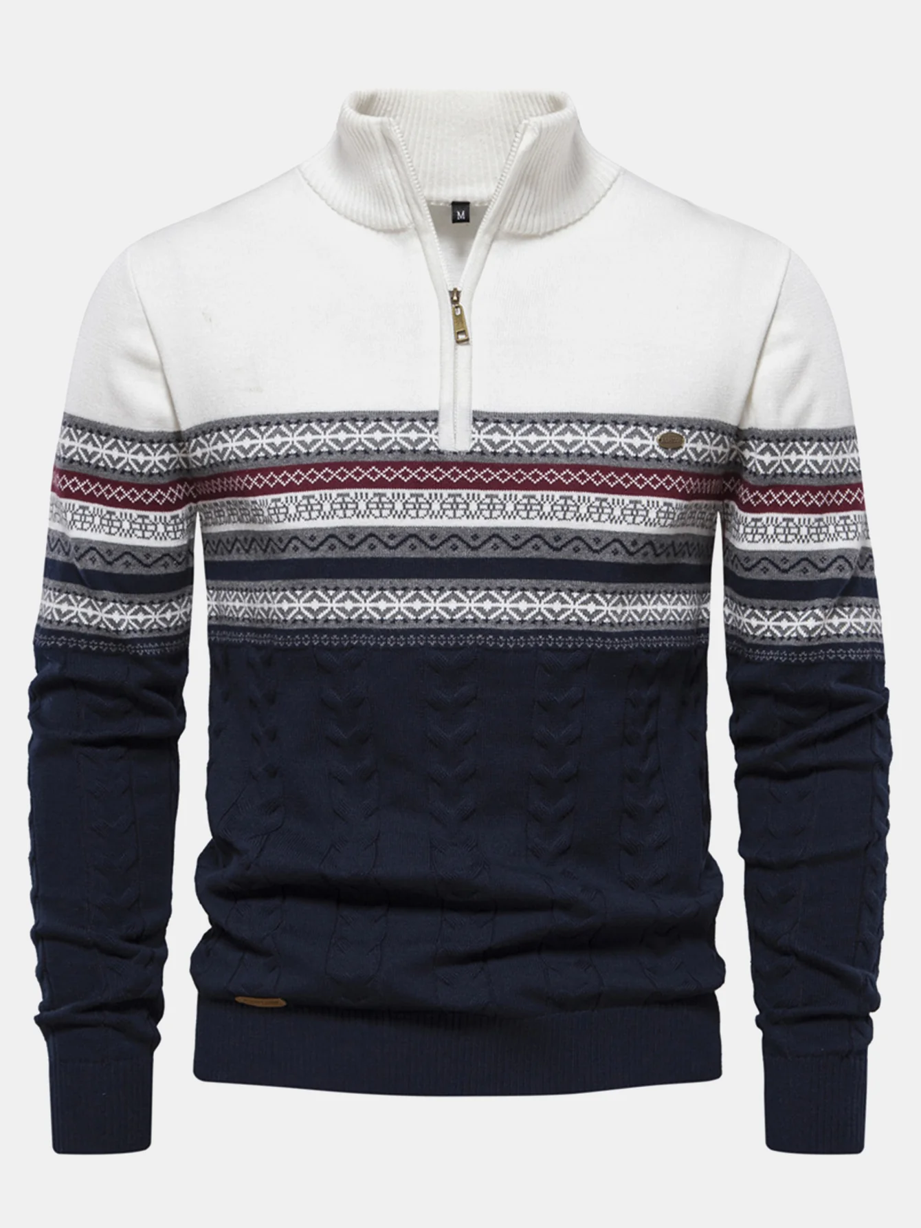 Kontrast Geometrischer Jacquard Pullover mit Viertel-Reißverschluss