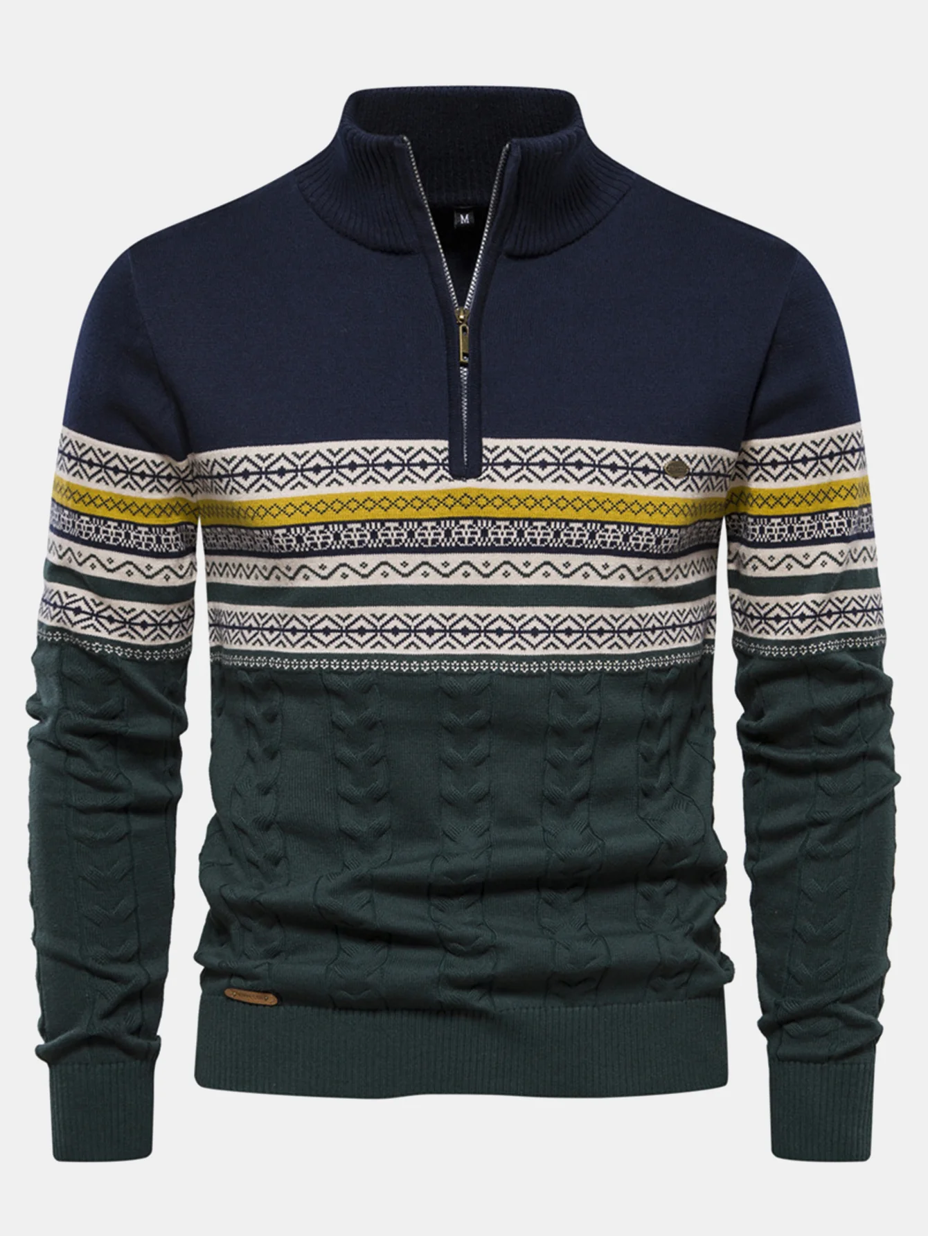 Kontrast Geometrischer Jacquard Pullover mit Viertel-Reißverschluss - Image 3