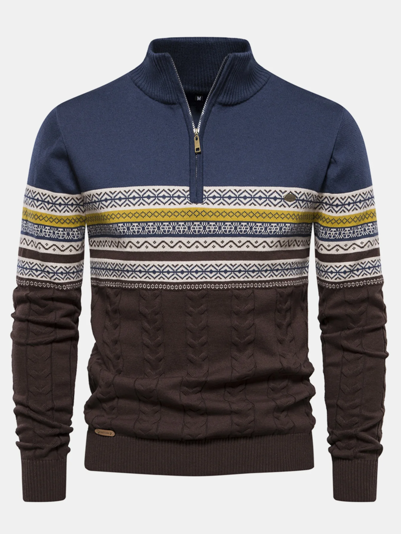 Kontrast Geometrischer Jacquard Pullover mit Viertel-Reißverschluss - Image 4