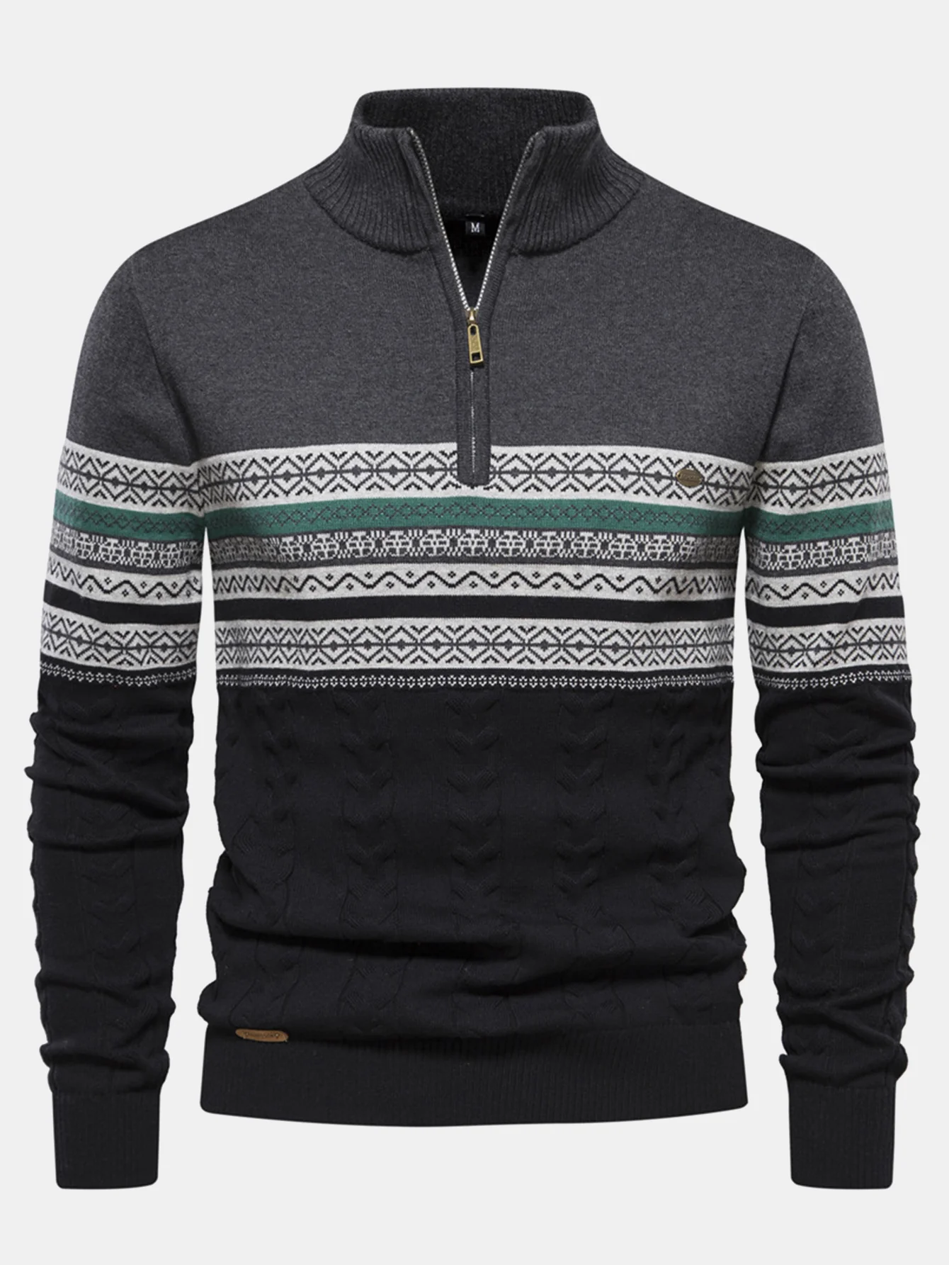 Kontrast Geometrischer Jacquard Pullover mit Viertel-Reißverschluss - Image 5