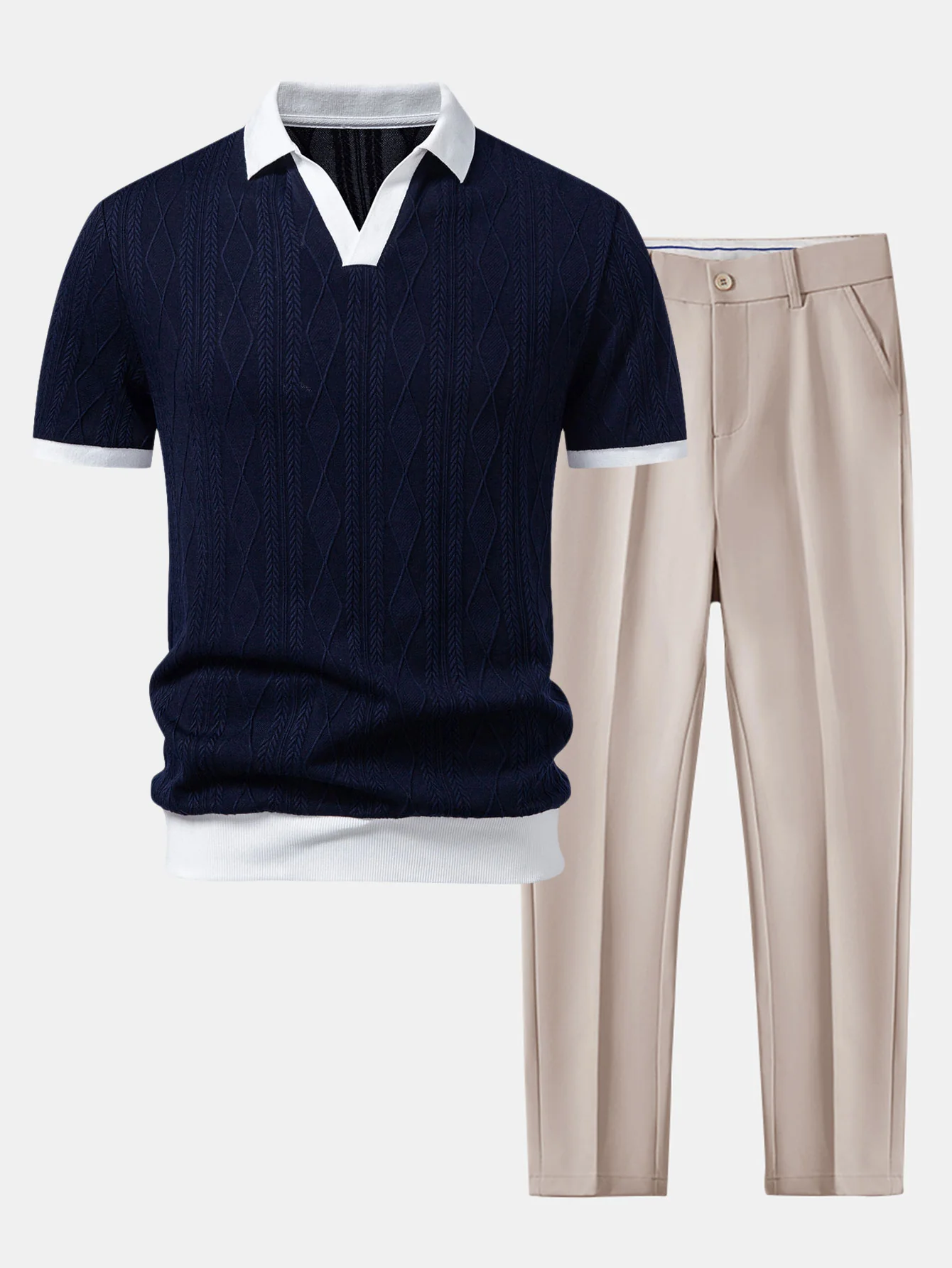 Contrast Geometry Jacquard Knit Polo & Slim Fit Tapered Trousers - Image 2