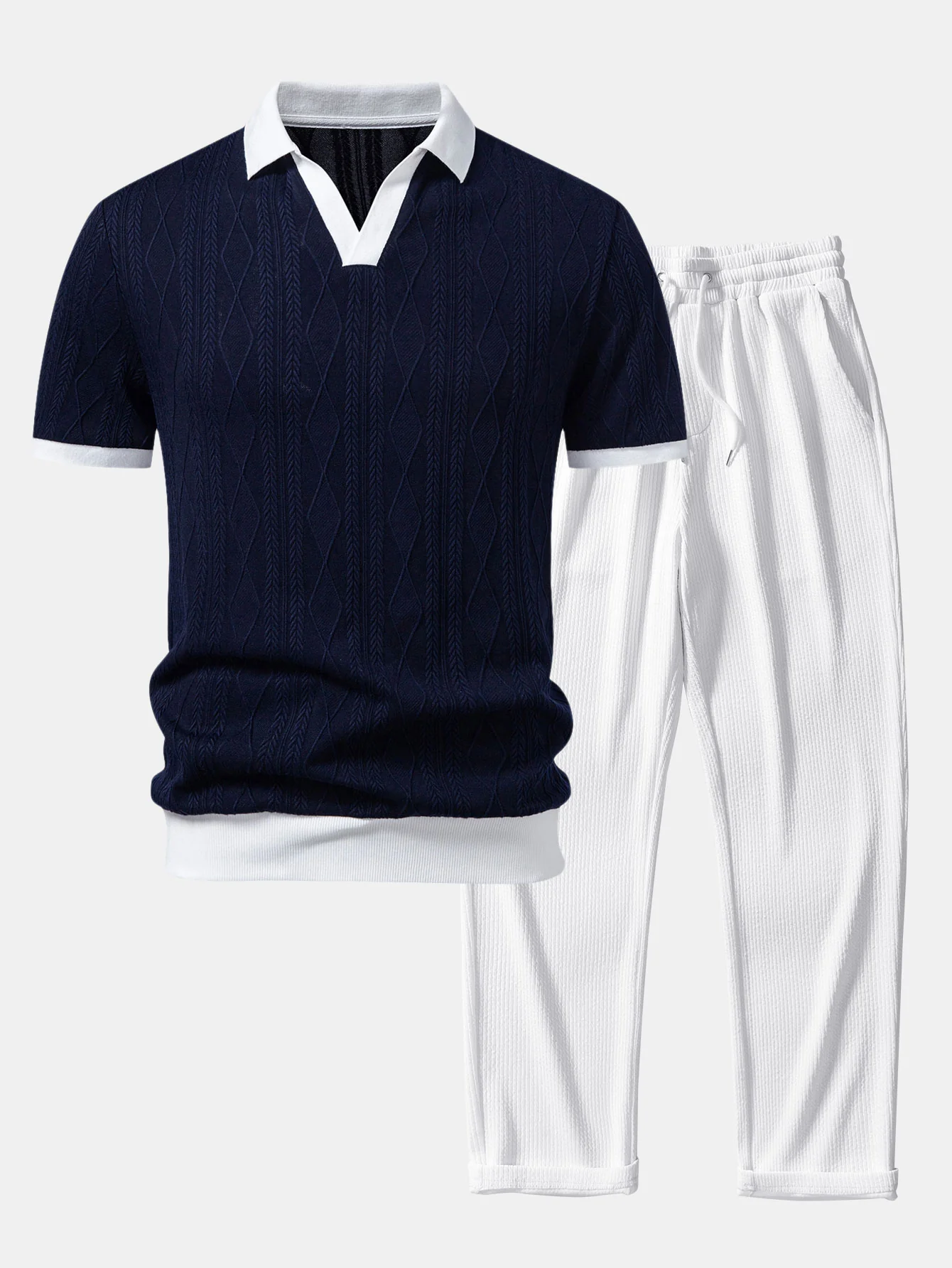 Contrast Geometry Jacquard Knit Polo & Straight Leg Ribbed Pants - Image 2