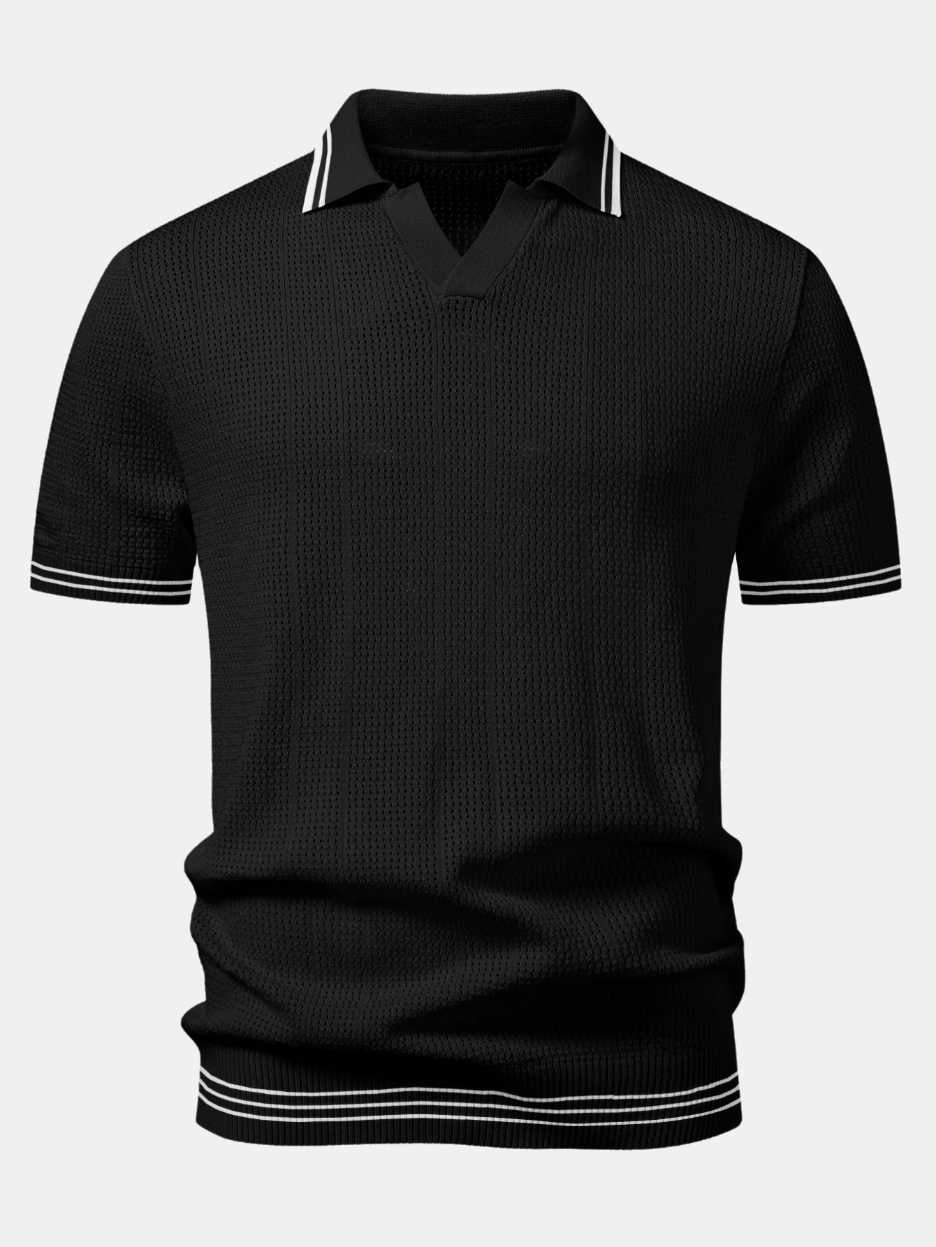 Contrast Johnny Collar Open Knit Polo - Image 3