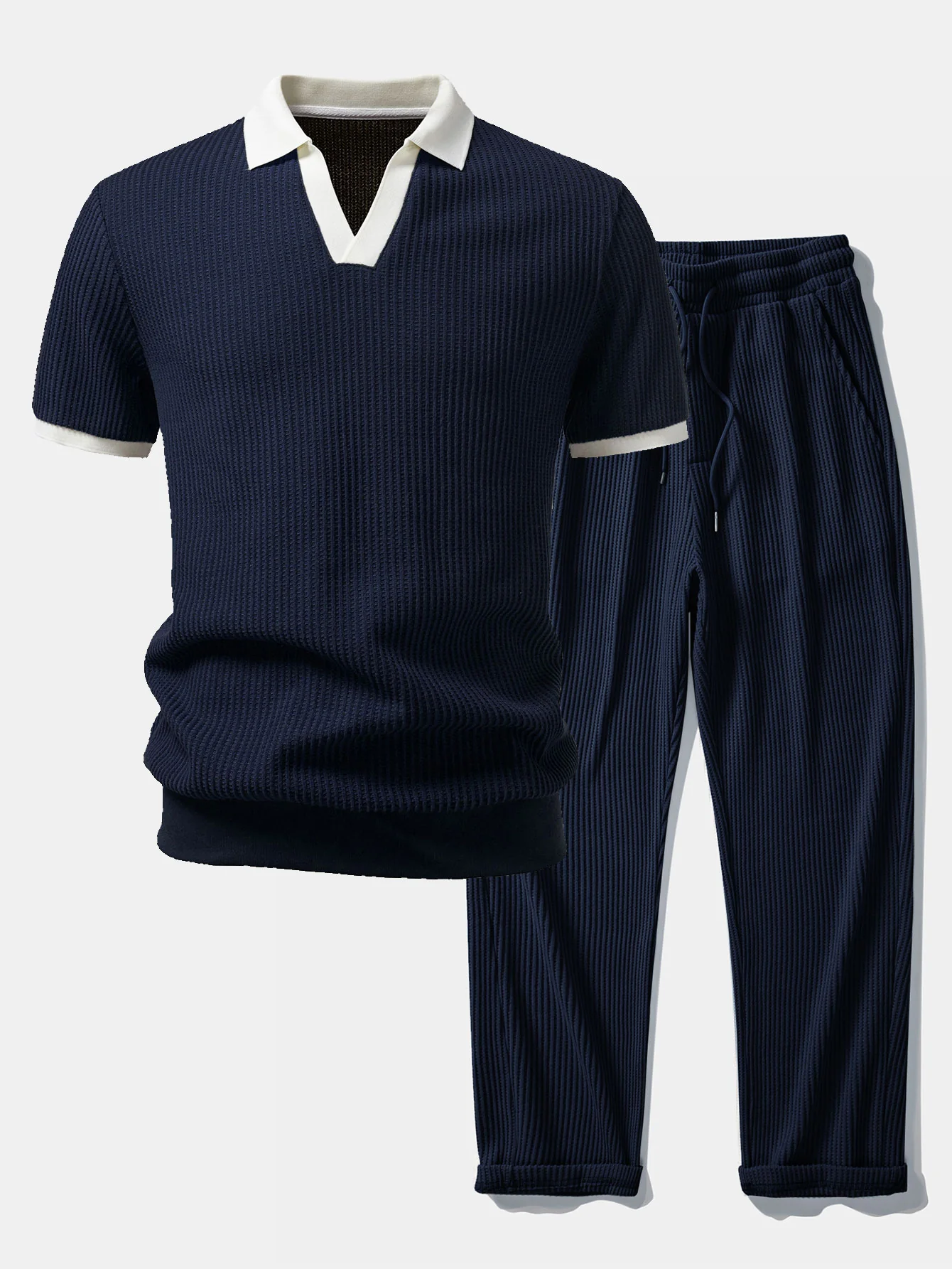 Contrast Knit Waffle Johnny Collar Polo & Drawstring Knitted Waffle Pants