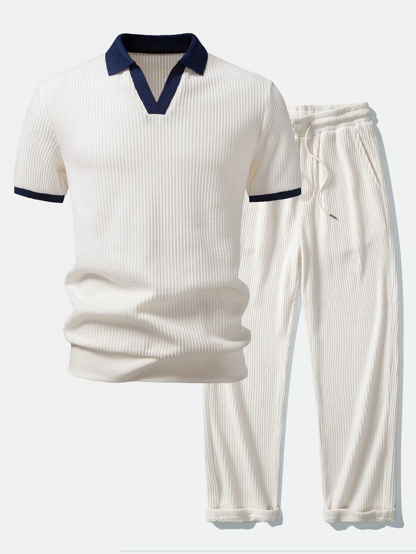 Contrast Knit Waffle Johnny Collar Polo & Drawstring Knitted Waffle Pants - Image 2