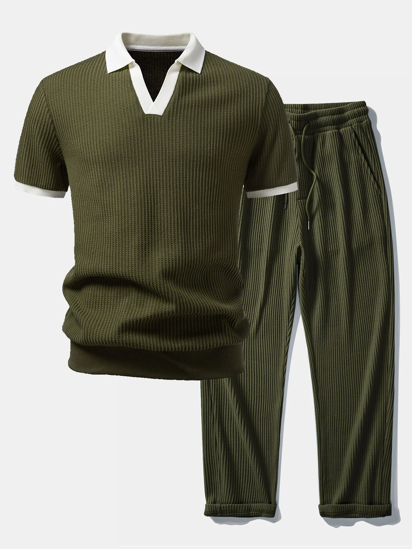 Contrast Knit Waffle Johnny Collar Polo & Drawstring Knitted Waffle Pants - Image 3