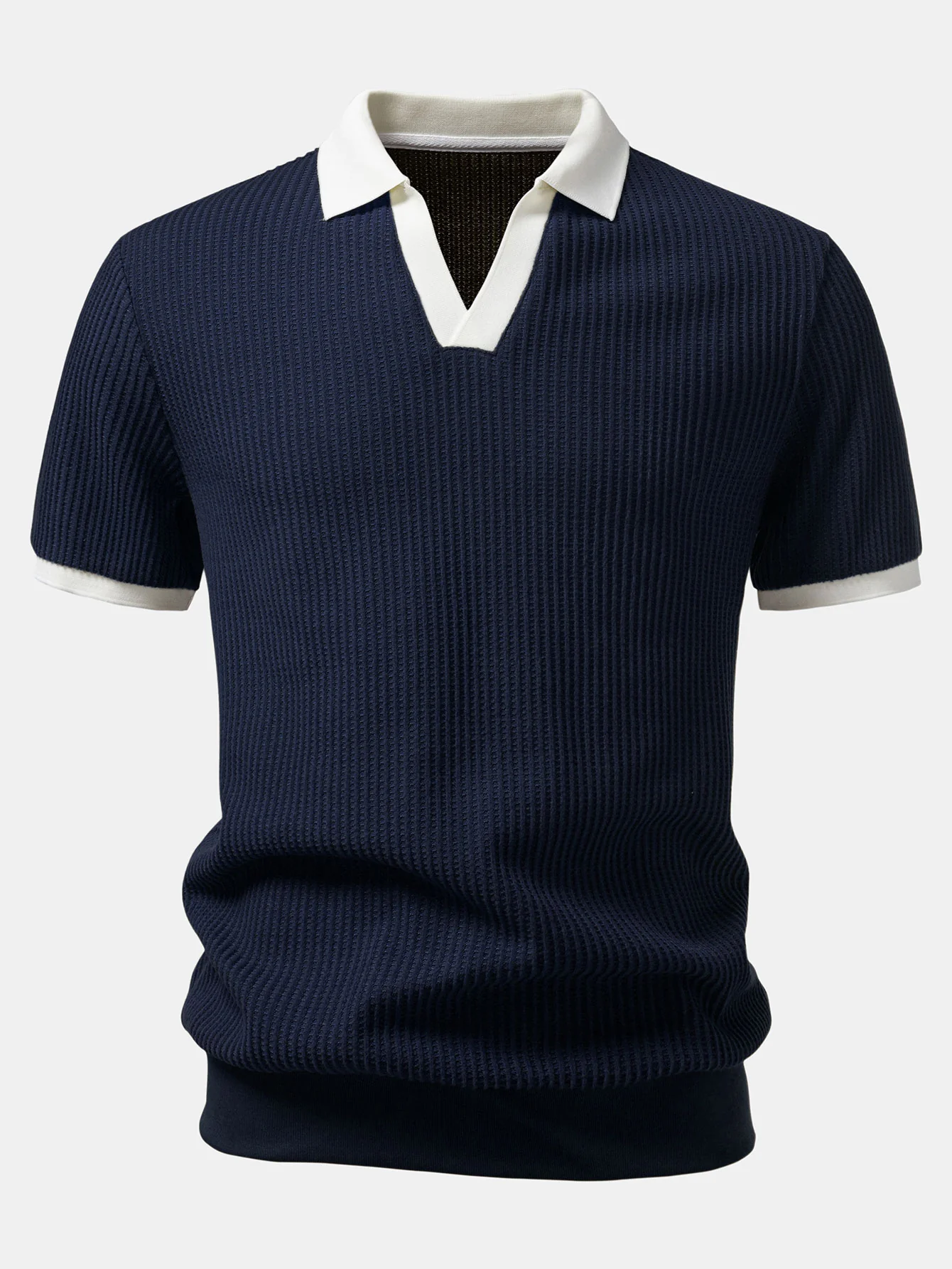 Contrast Knit Waffle Johnny Collar Polo & Slim Fit Tapered Trousers - Image 6