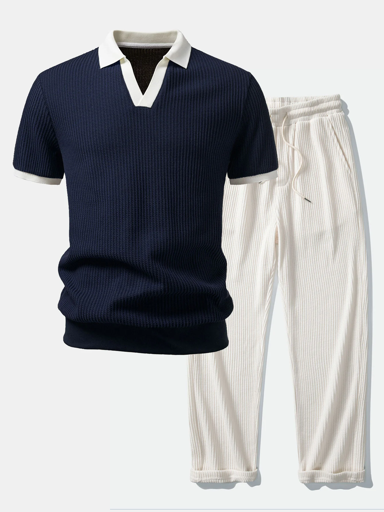 Contrast Knit Waffle Johnny Collar Polo & Drawstring Knitted Waffle Pants - Image 2