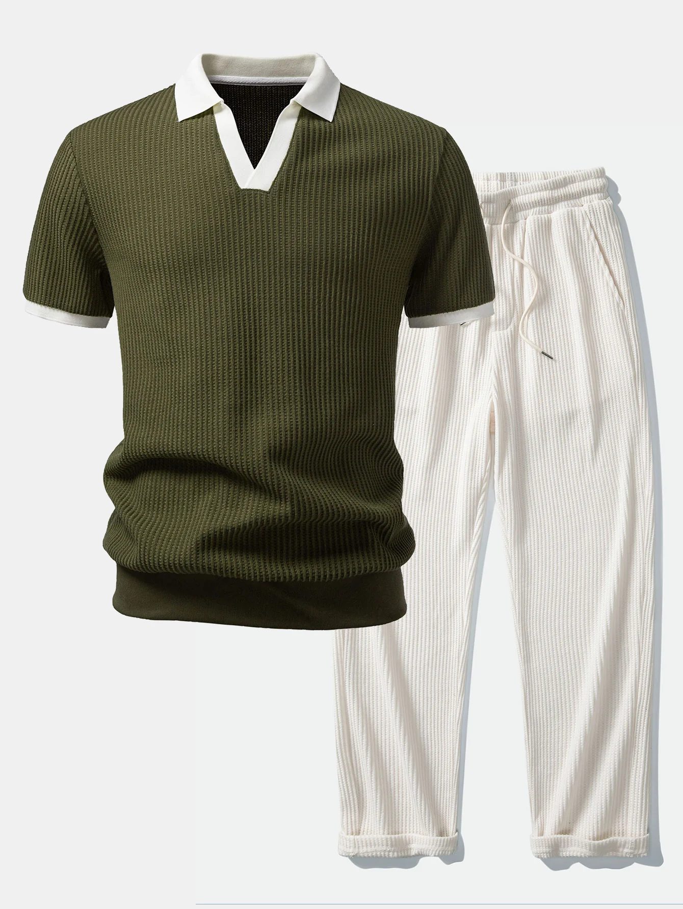 Contrast Knit Waffle Johnny Collar Polo & Drawstring Knitted Waffle Pants - Image 3