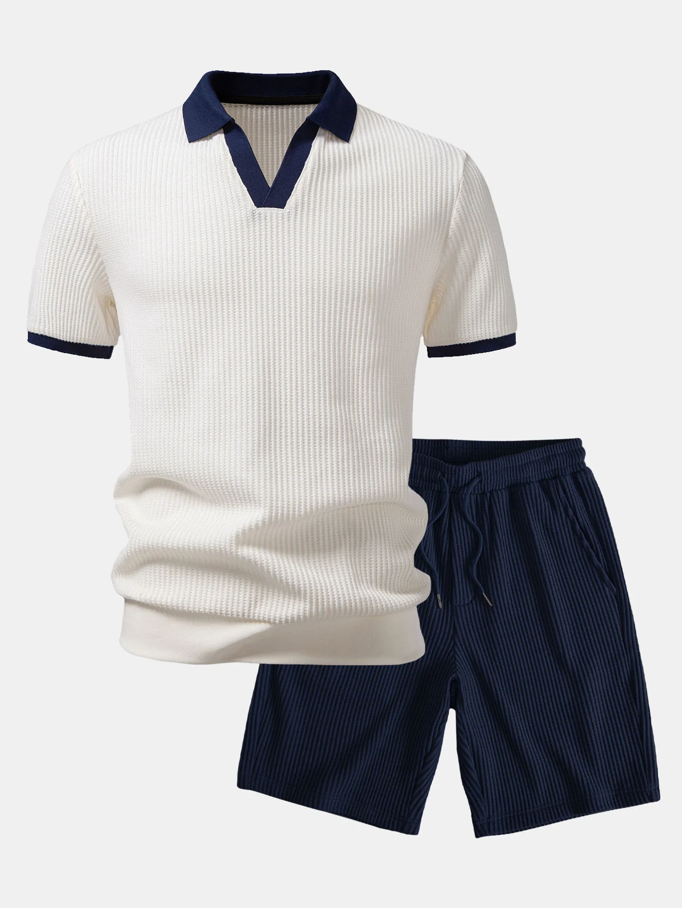 Contrast Knit Waffle Johnny Collar Polo & Drawstring Knitted Waffle Shorts