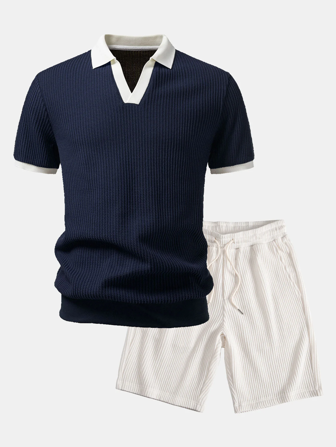 Contrast Knit Waffle Johnny Collar Polo & Drawstring Knitted Waffle Shorts - Image 2