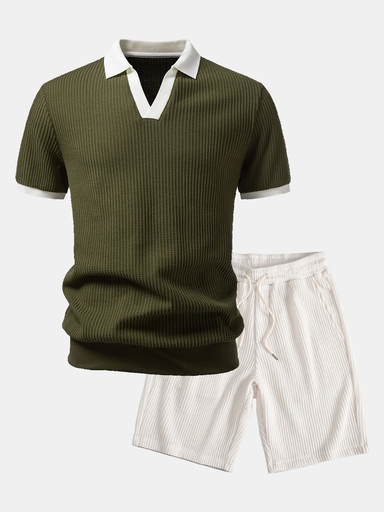 Contrast Knit Waffle Johnny Collar Polo & Drawstring Knitted Waffle Shorts - Image 3
