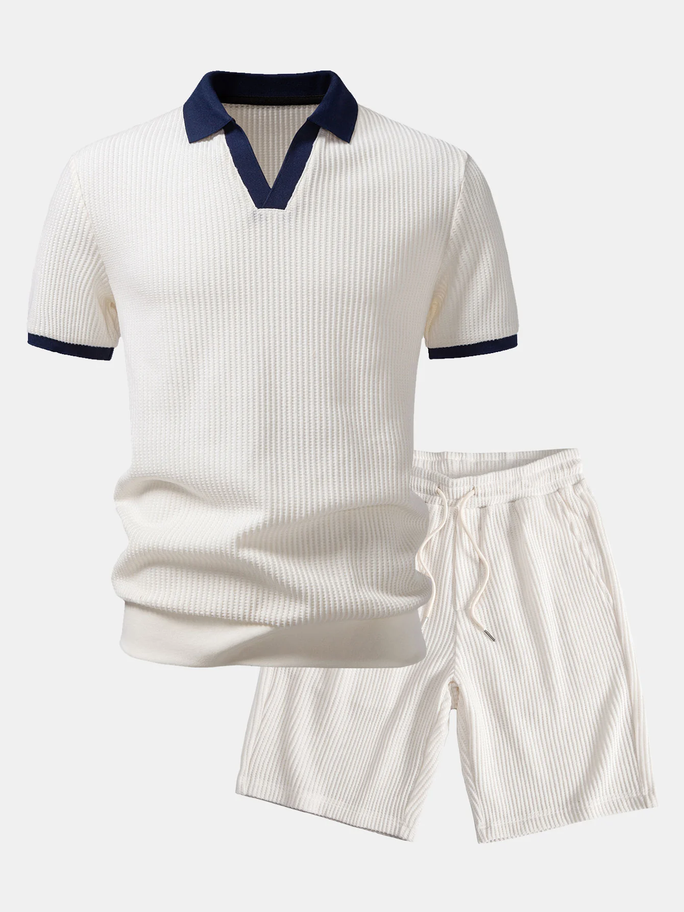 Contrast Knit Waffle Johnny Collar Polo & Drawstring Knitted Waffle Shorts - Image 2