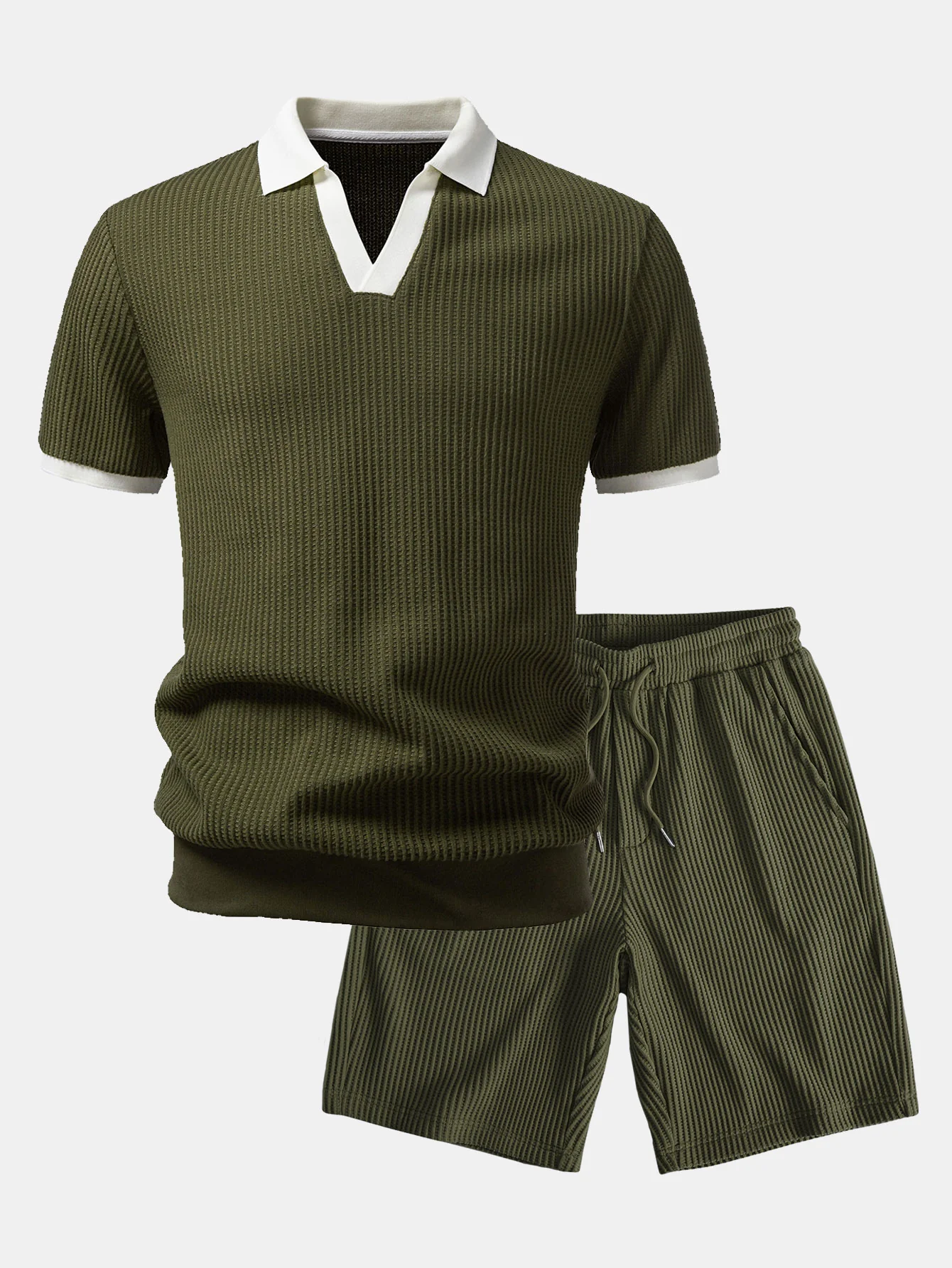 Contrast Knit Waffle Johnny Collar Polo & Drawstring Knitted Waffle Shorts - Image 3