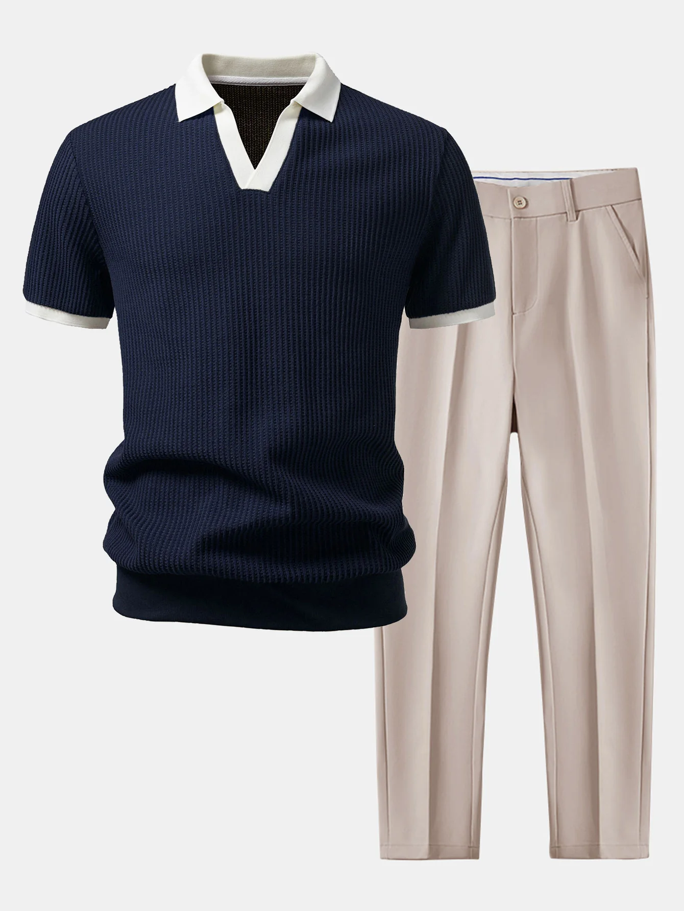 Contrast Knit Waffle Johnny Collar Polo & Slim Fit Tapered Trousers - Image 2