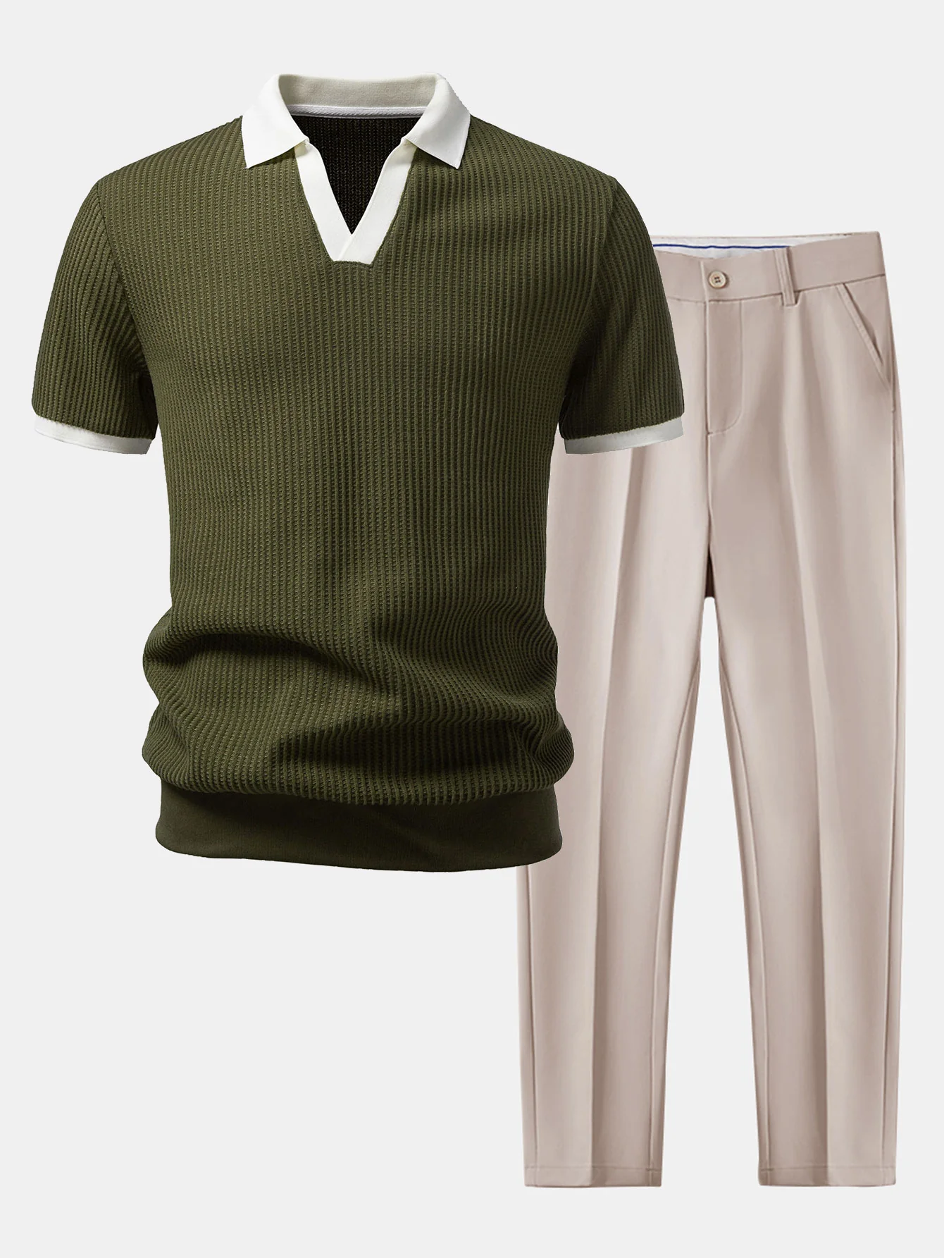 Contrast Knit Waffle Johnny Collar Polo & Slim Fit Tapered Trousers - Image 3