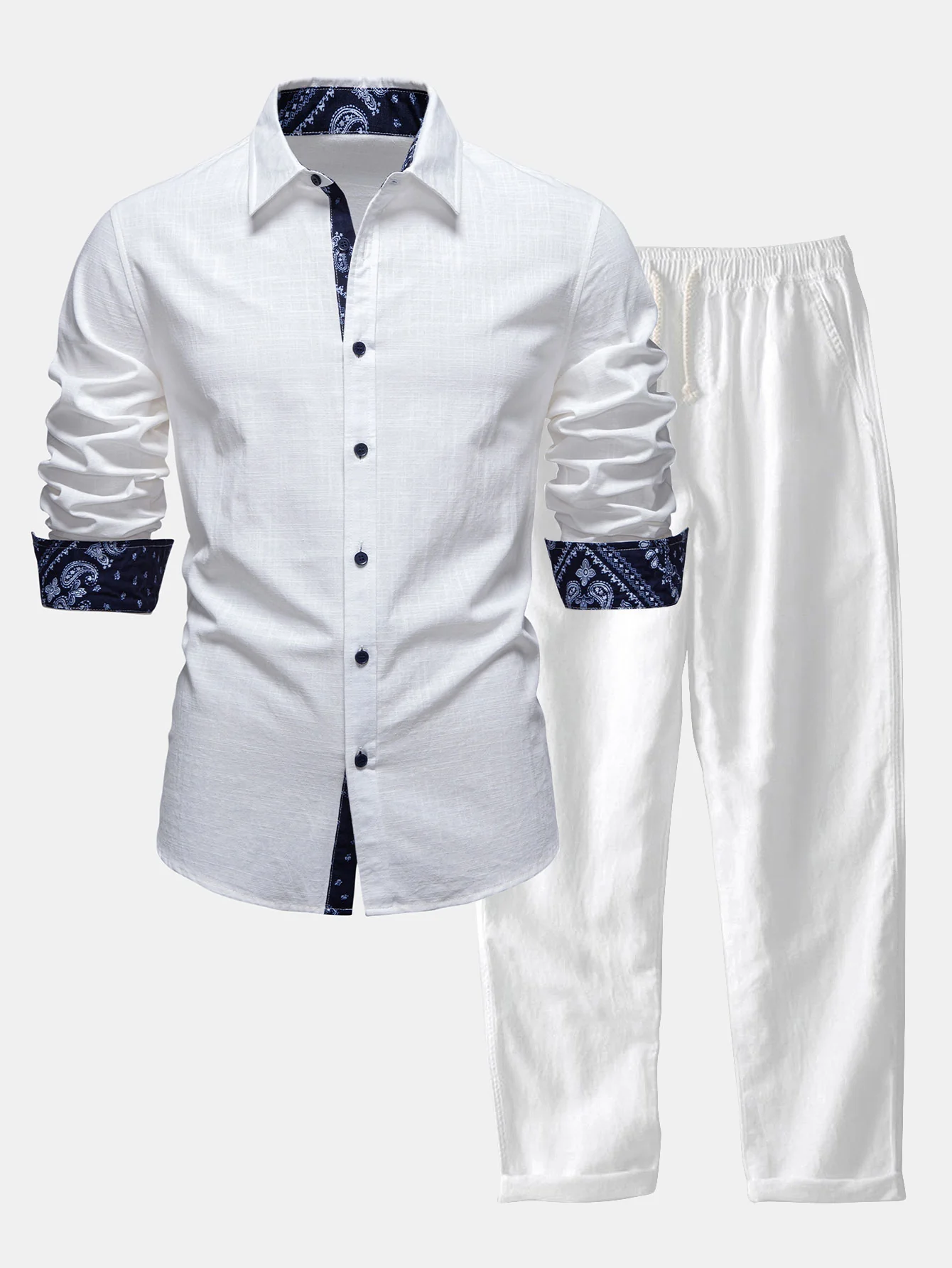 Contrast Paisley Print Linen Look Shirt & Straight Leg Linen Pants - Image 3