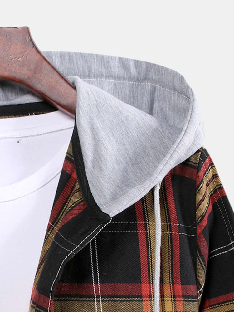 Kontrast-Patchwork-Hoodie-Karohemden - Image 5