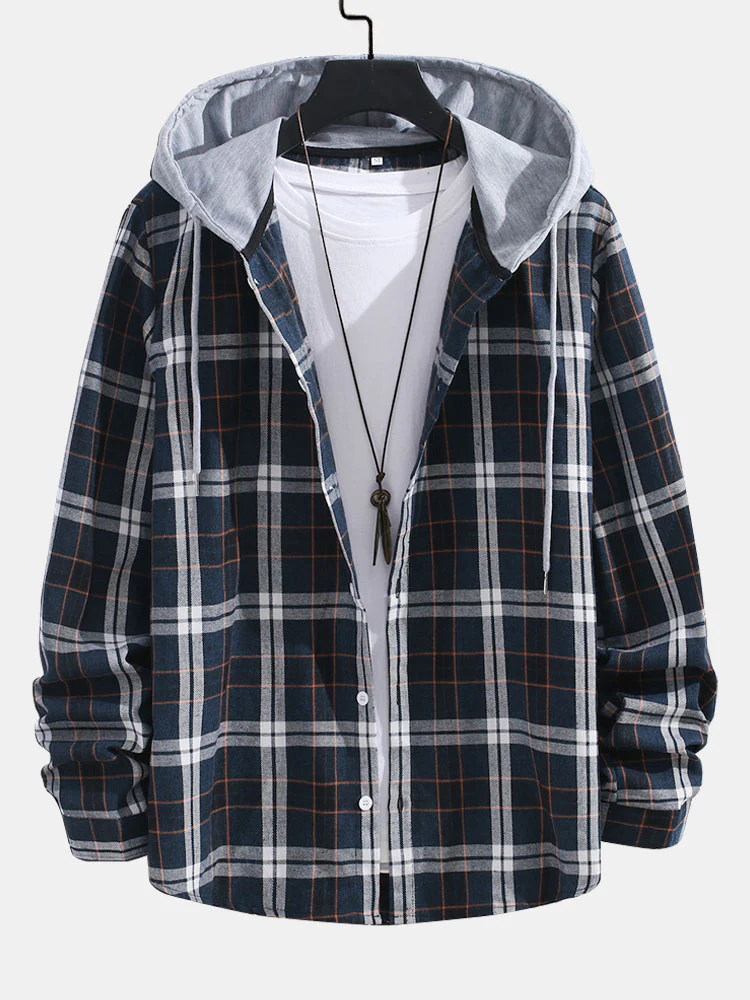 Kontrastkariertes Button-Up Hoodie-Shirt
