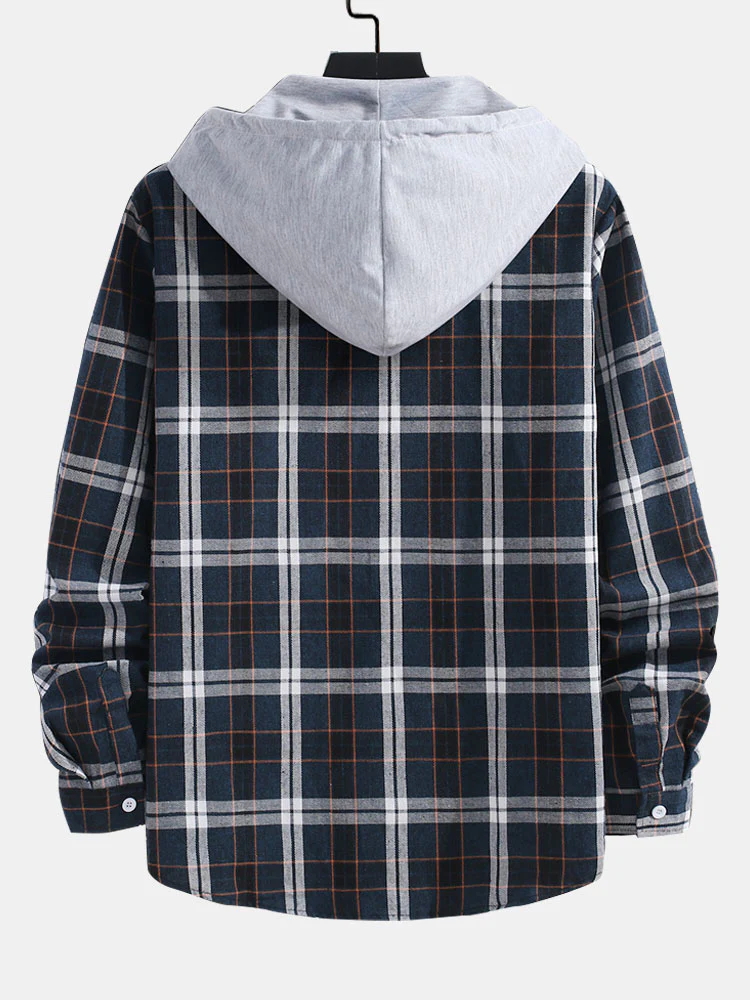 Kontrastkariertes Button-Up Hoodie-Shirt - Image 2