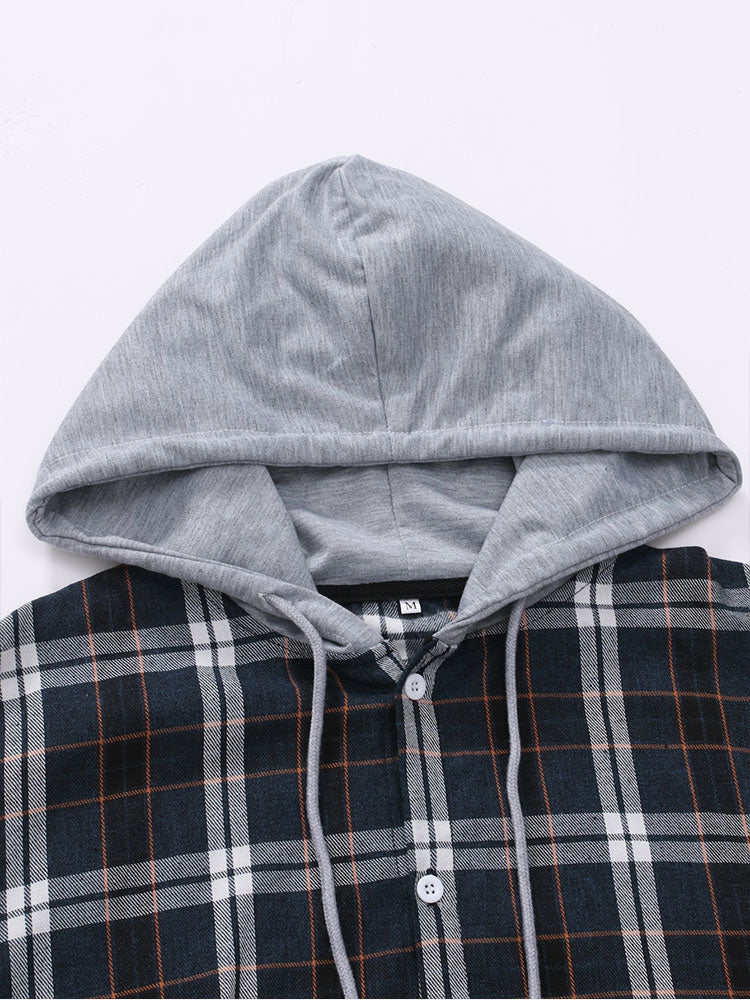 Kontrastkariertes Button-Up Hoodie-Shirt - Image 3
