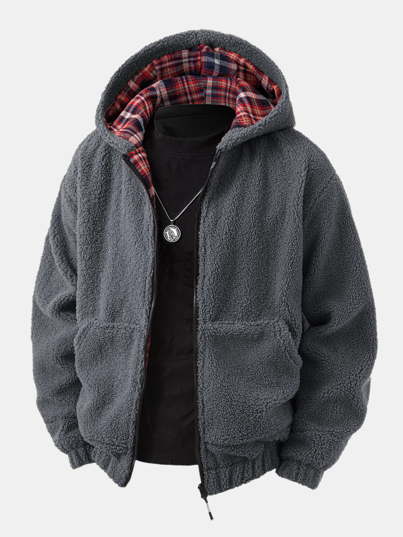 Contrast Plaid Teddy Zip-Up Hoodie - Image 3
