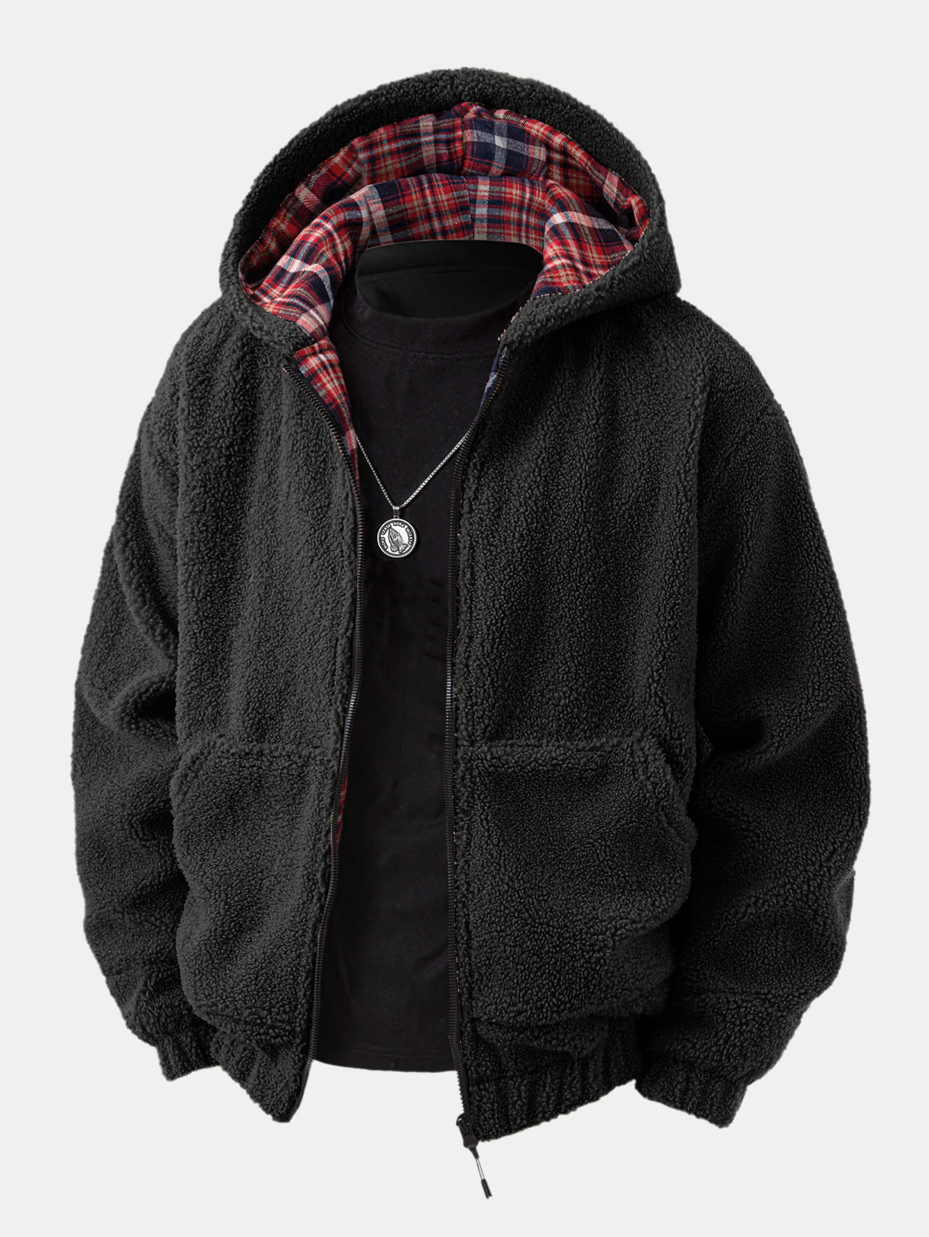 Contrast Plaid Teddy Zip-Up Hoodie - Image 5