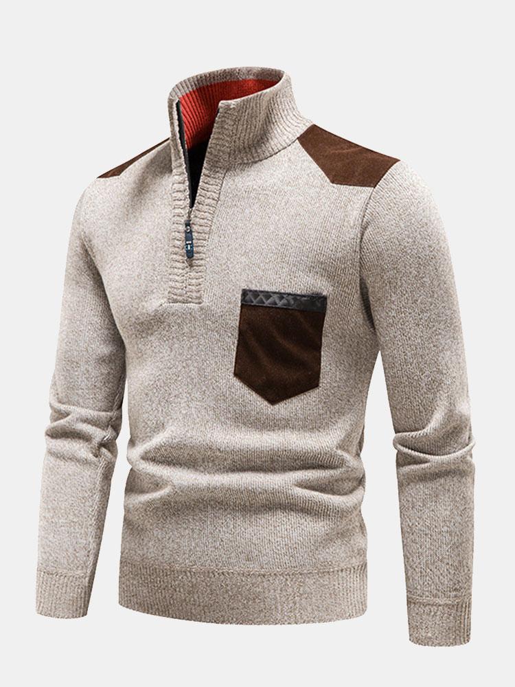Kontrast-Taschenpanel-Halbzip-Sweater