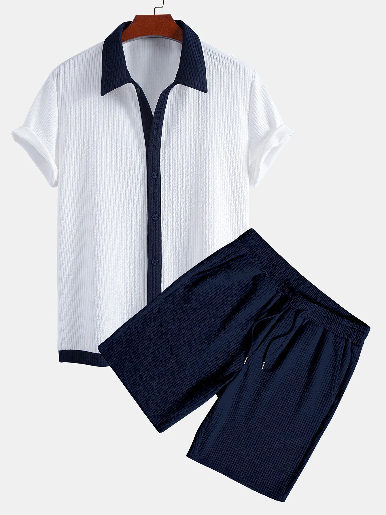Contrast Ribbed Button Up Shirt & Drawstring Ribbed Shorts