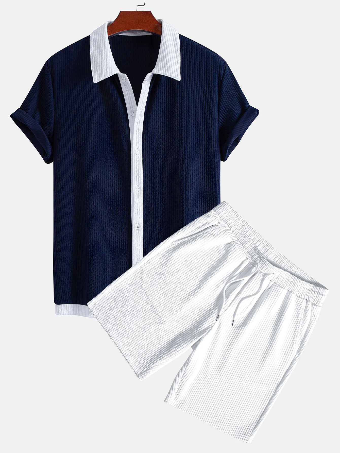 Contrast Ribbed Button Up Shirt & Drawstring Ribbed Shorts - Image 2
