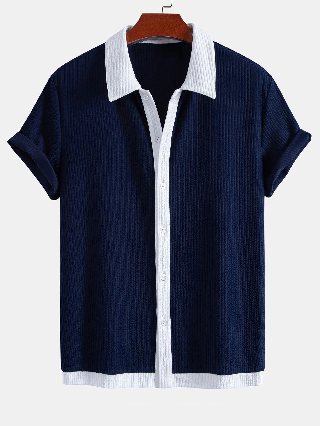 Contrast Ribbed Button Up Shirt - Image 3