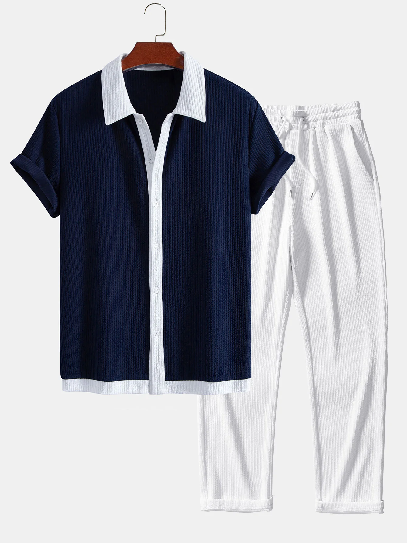 Contrast Ribbed Button Up Shirt & Straight Leg Ribbed Pants - Image 2