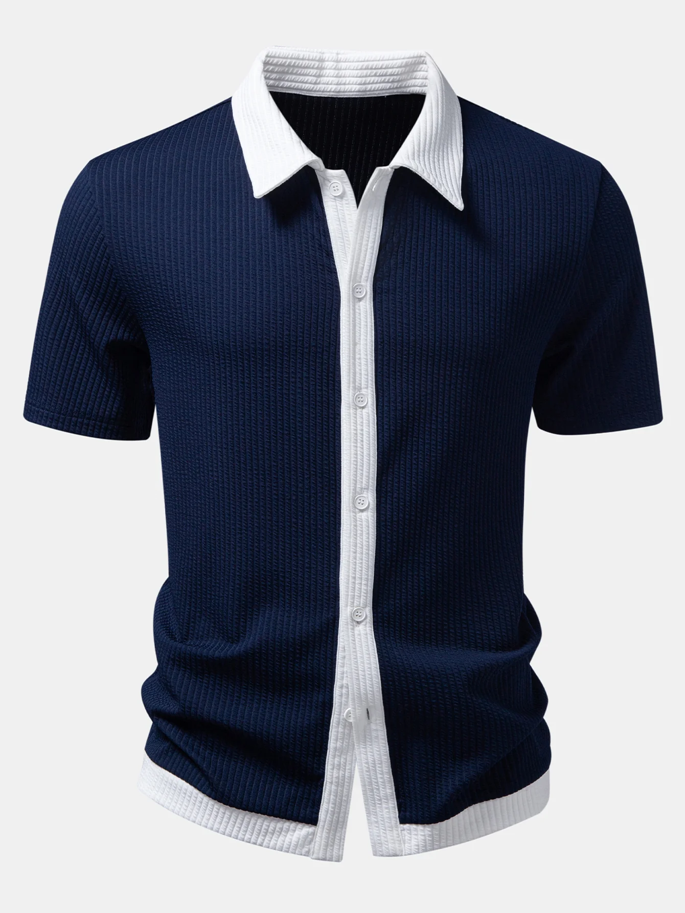 Contrast Ribbed Button Up Shirt - Image 3