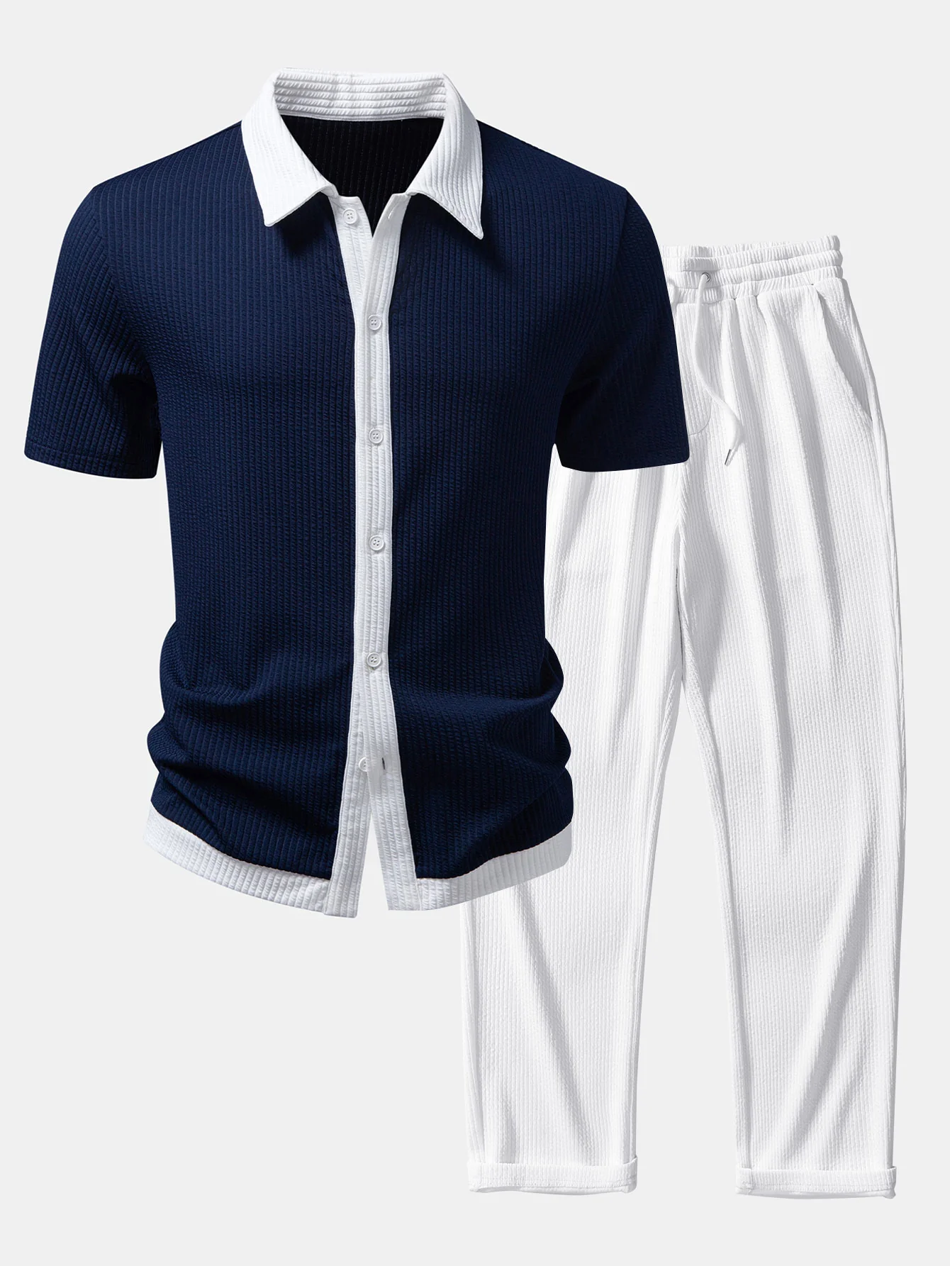 Contrast Ribbed Button Up Shirt & Straight Leg Ribbed Pants - Image 2
